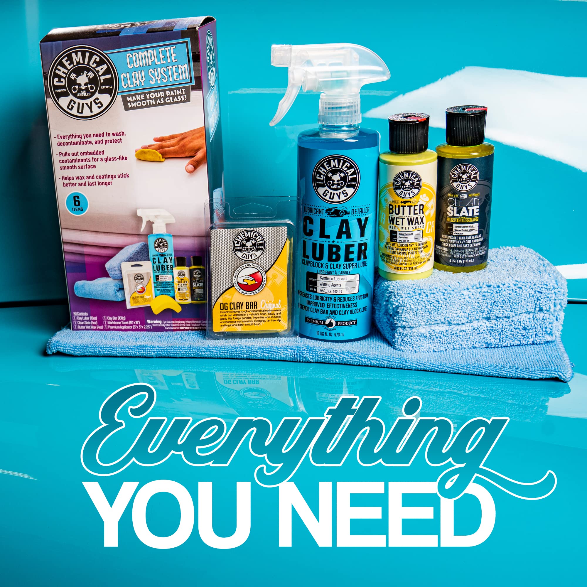 Clay Bar Kit Chemical Guys - Complete System - Clay Bar and Luber Combo with Accessories for Smooth Paint Finish - Removes Embedded Dirt, Overspray, and Fallout - 6 Item Kit