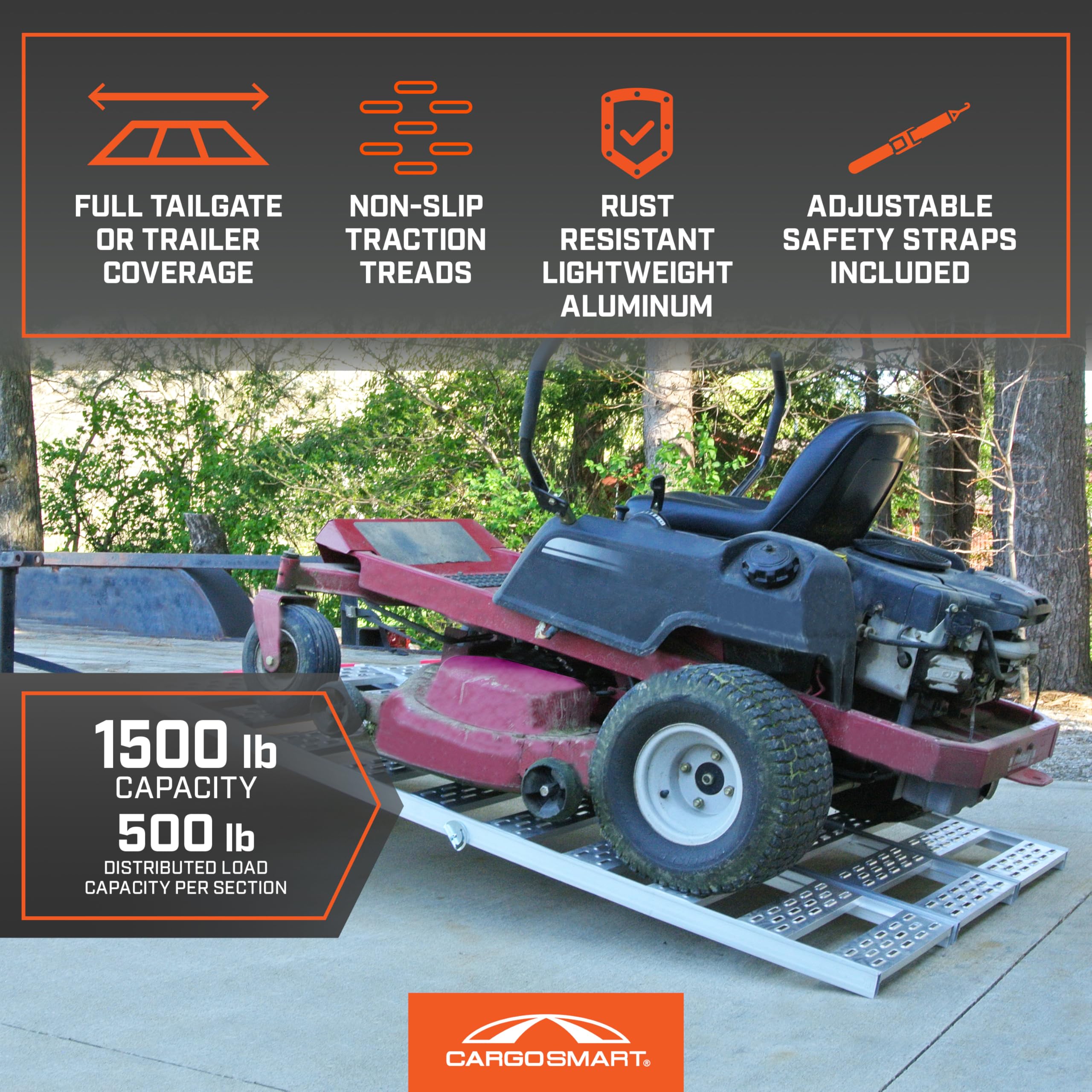 Tri-Fold CargoSmart Aluminum Ramp with Treads, 1 Pack — 1,500lb Capacity/500lb per Section, 50” W x 76” L — Safely and Easily Load or Unload Push Mowers, Garden Tillers, ATVs and More