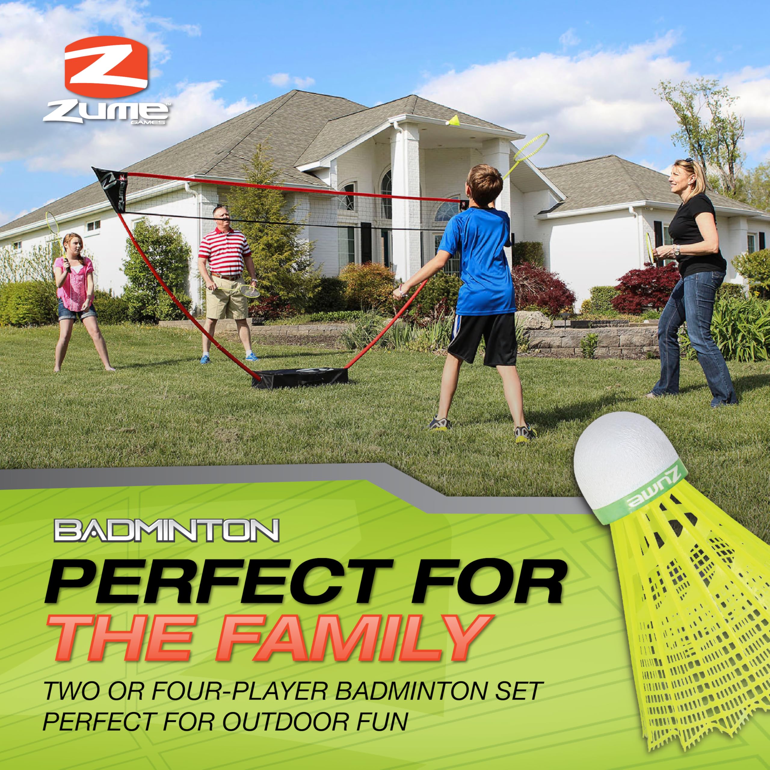 Zume Games Badminton Set Portable with Net, 4 Rackets, Shuttlecocks & Carrying Case – Outdoor Lawn Game for Backyard, Beach, or Park – Easy Setup, No Tools Required