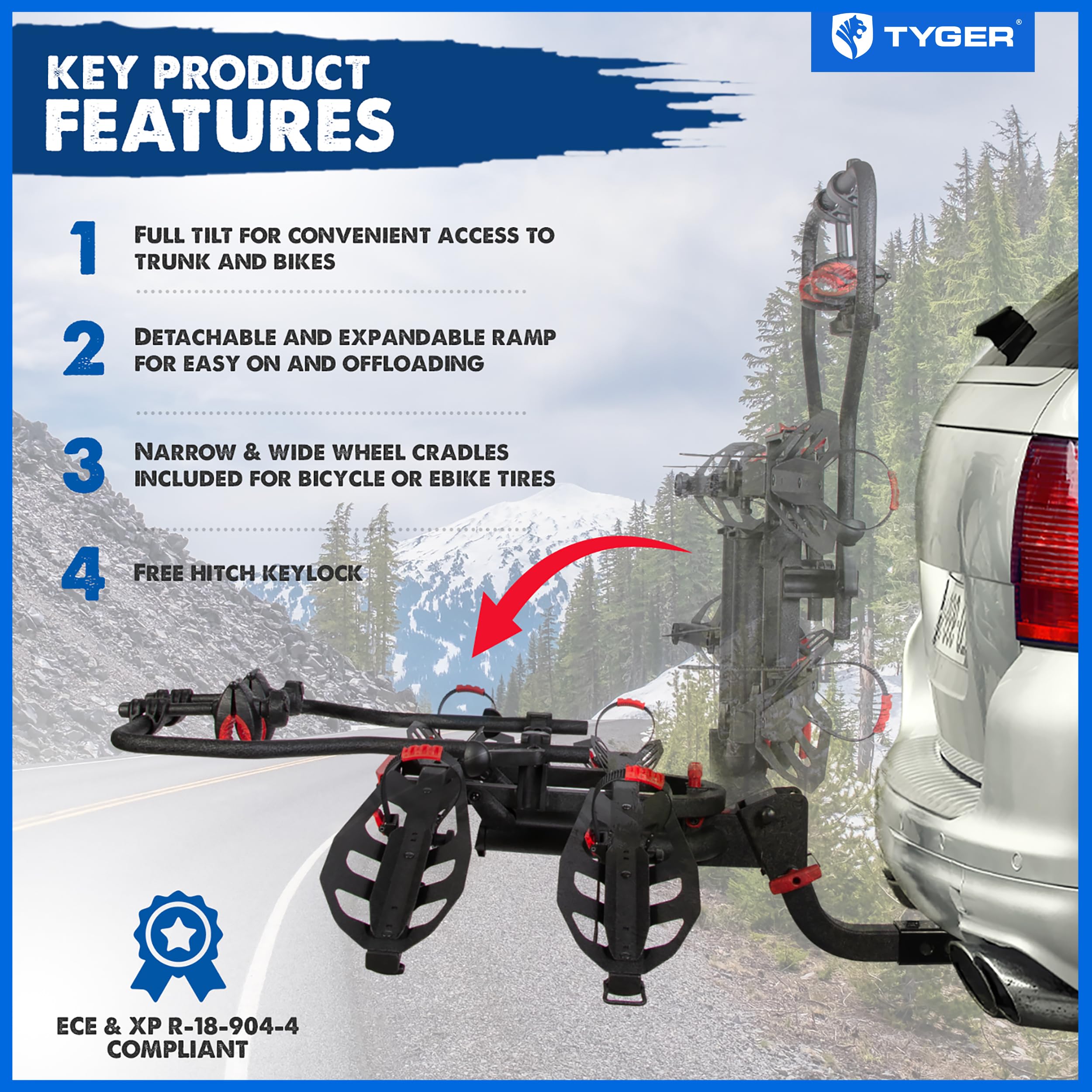 2-Bike Tyger Auto TG-RK2B827B Hitch Mounted Bicycle Platform Carrier Rack | Compatible with Electric Bikes | Free Hitch Lock | Fits 2" Receivers