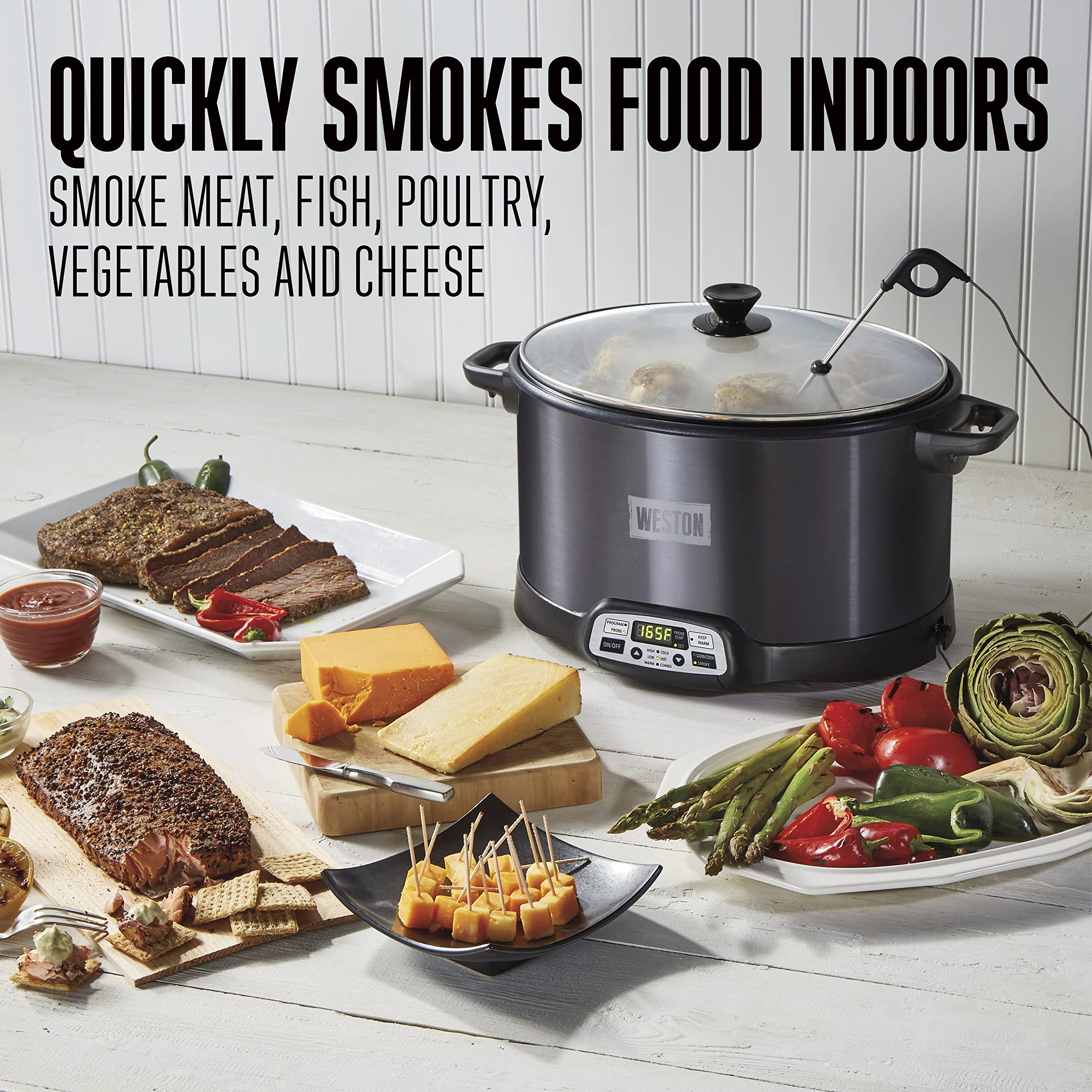 2-in-1 WESTON BRANDS Indoor Electric Smoker & Programmable Slow Cooker, 6 Quart, With 3-Tier Smoking Rack for Meat, Cheese and More, Dishwasher Safe Crock, Temperature Probe, Black (03-2500-W)