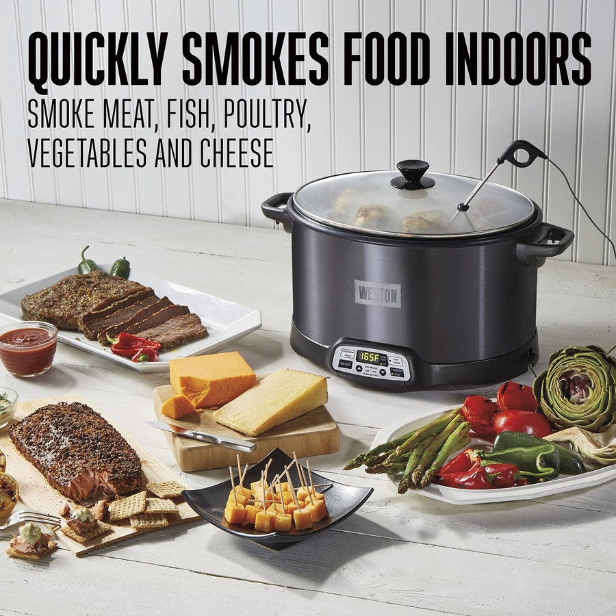 2-in-1 WESTON BRANDS Indoor Electric Smoker & Programmable Slow Cooker, 6 Quart, With 3-Tier Smoking Rack for Meat, Cheese and More, Dishwasher Safe Crock, Temperature Probe, Black (03-2500-W)