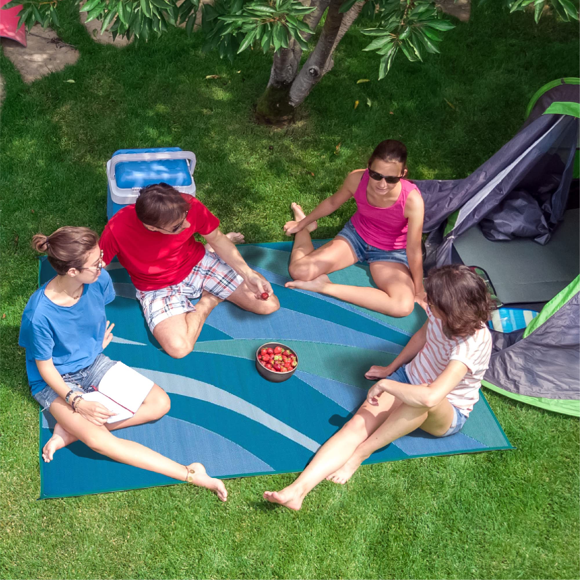 8-Feet x 12-Feet Stylish Camping RV Outdoor Camping Reversible Patio Mat, GA3 Blue/Green