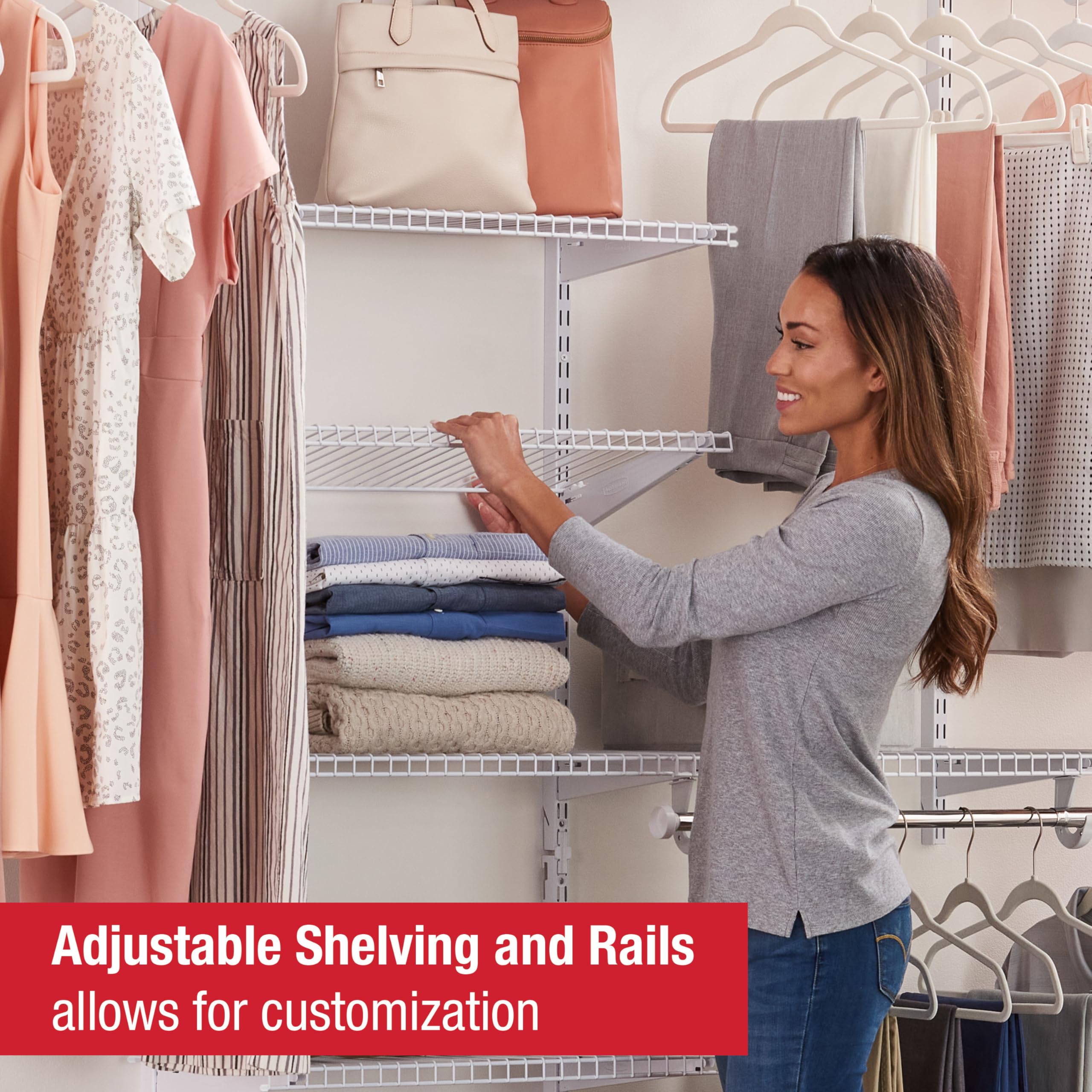 Rubbermaid Configurations Closet Kit Custom 6-10 Ft. Adjustable Metal Wire Shelving White Finish Expandable Organization System Hardware Included for Home Closet/Pantry/Laundry/Mudroom