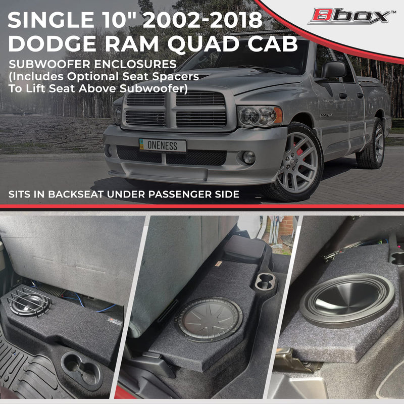 Atrend Single Bbox 10 Inch Subwoofer Sealed Enclosure - Fits 2002 - 2018 Dodge Ram Quad Cab - Carpeted Car Subwoofer Boxes & Enclosures - Subwoofer Box Improves Audio Quality, Sound and Bass - Charcoal