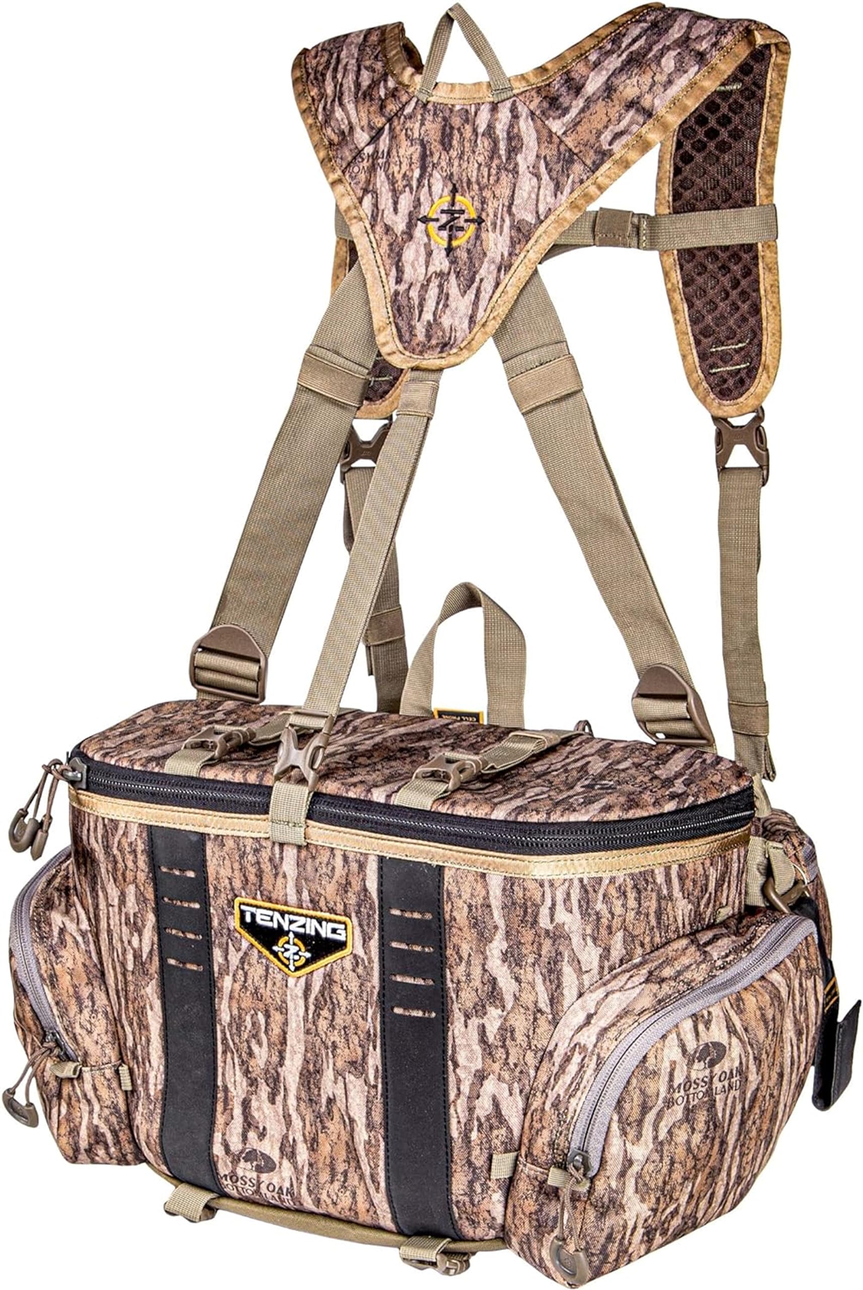 Hangtime TENZING Unisex Adult Lumbar Pack, Mossy Oak Bottomland | Adjustable Durable H2O Compatible Hunting Pack with 5 Compartments, 5 Pockets & Webbing Straps for Extra Hunting Gear Milti