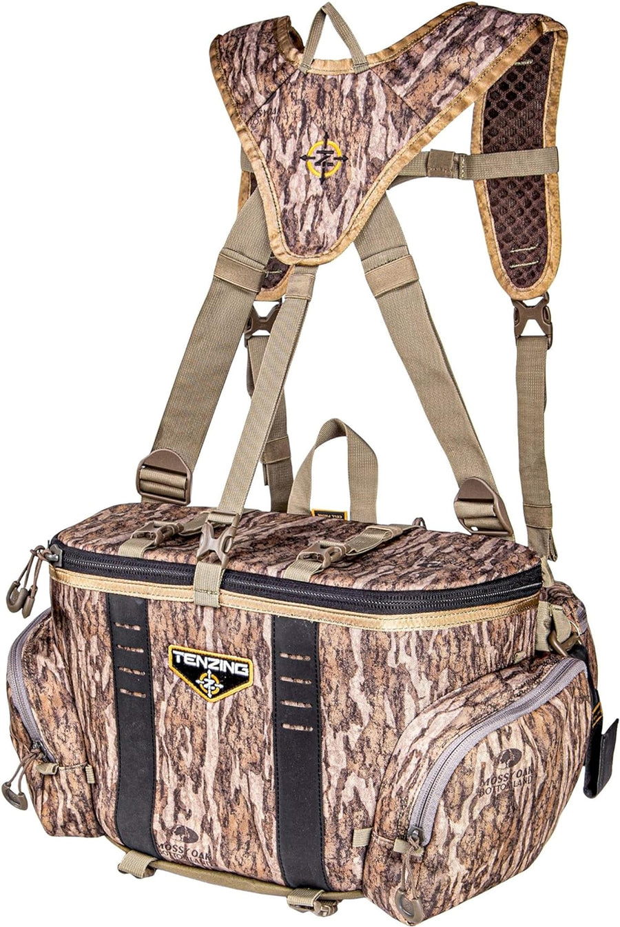Hangtime TENZING Unisex Adult Lumbar Pack, Mossy Oak Bottomland | Adjustable Durable H2O Compatible Hunting Pack with 5 Compartments, 5 Pockets & Webbing Straps for Extra Hunting Gear Milti