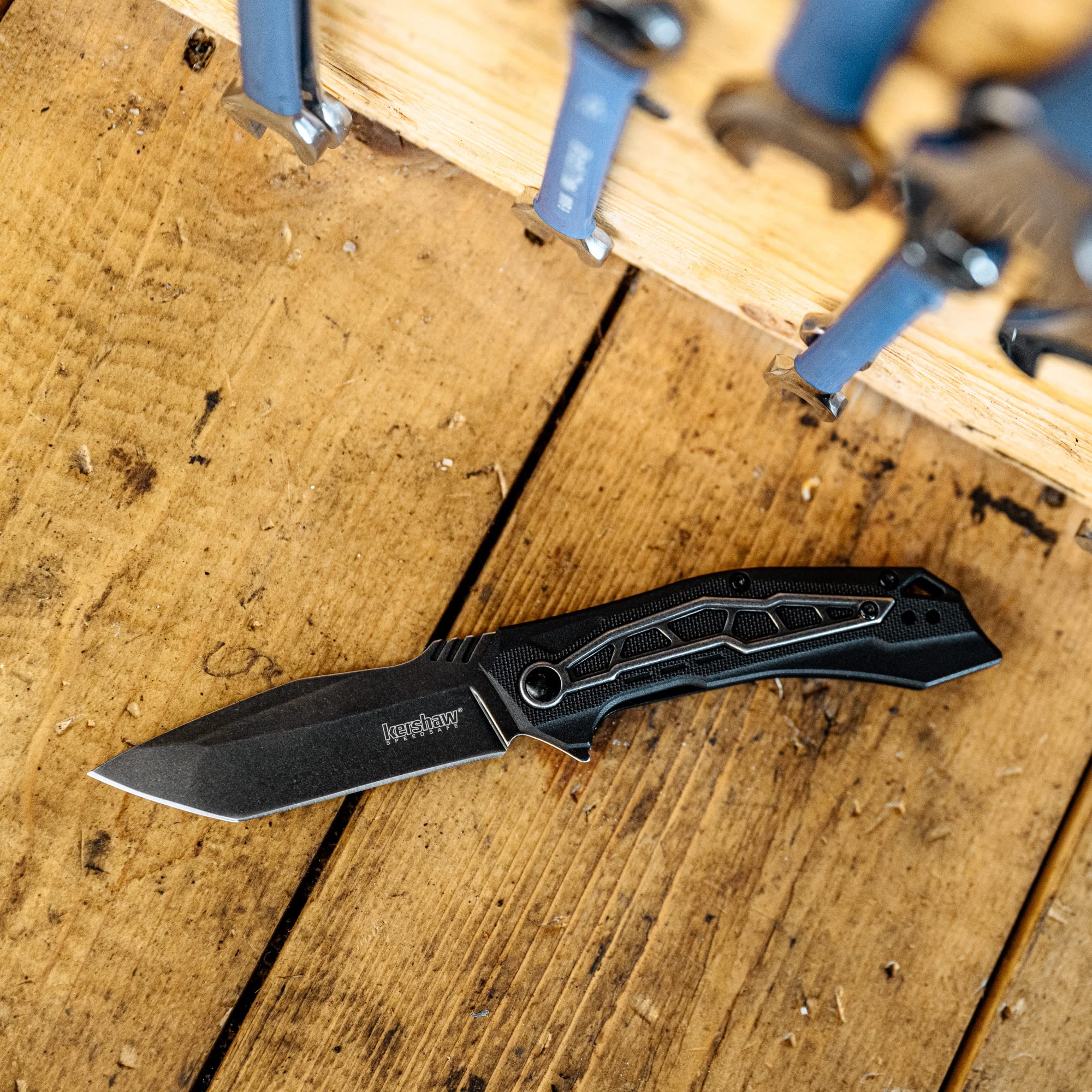 Kershaw Pocket Knife Flatbed, Black 3.125 inch Blade with SpeedSafe Opening Mechanism, Glass Filled Nylon Handle with Liner Lock and Pocketclip