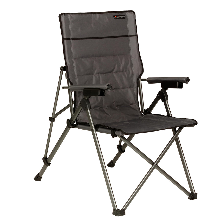 Sun Soaker Lippert Three-Position Reclining Camping Chair with 600D Polyester Fabric, Padded Back/Seat, Steel Frame Construction, 250-lb. Weight Capacity, Dark Grey Color - 2022120581