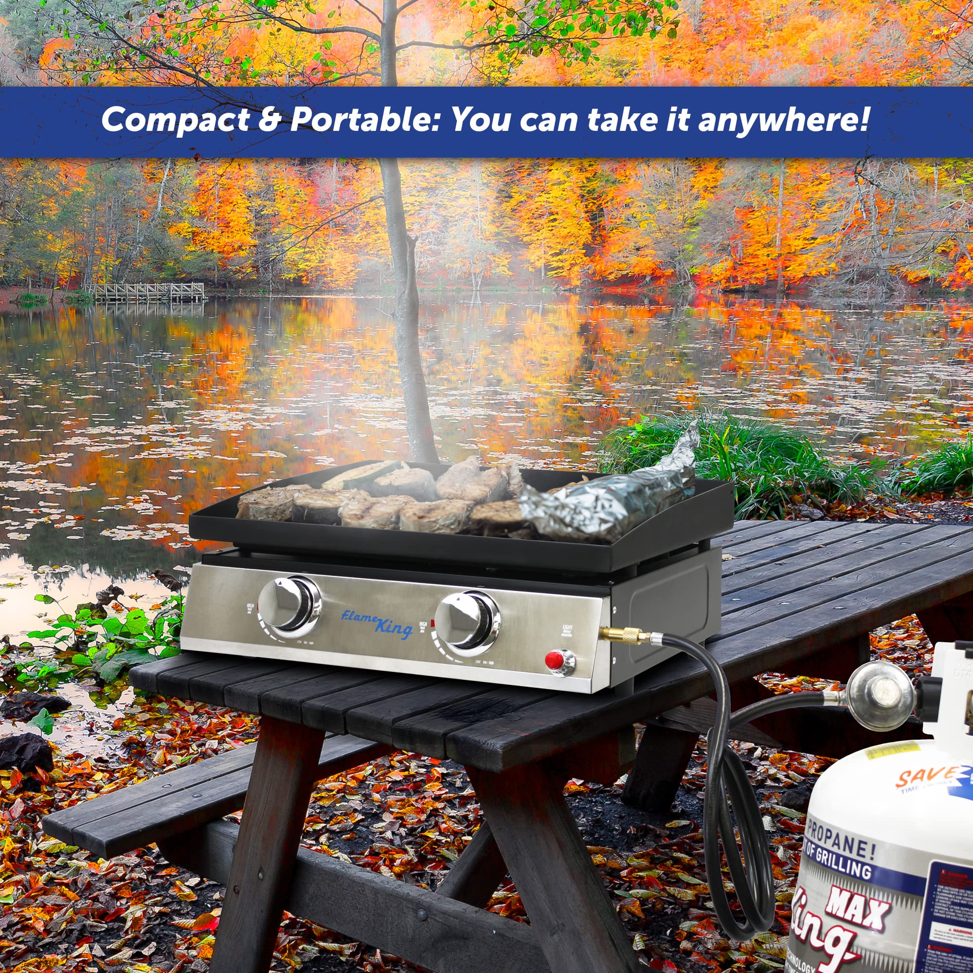 22-inch Flame King Double Burner Flat Top Griddle for Outdoor BBQ Grill, Portable Propane Gas Griddle for Camping and Tailgating