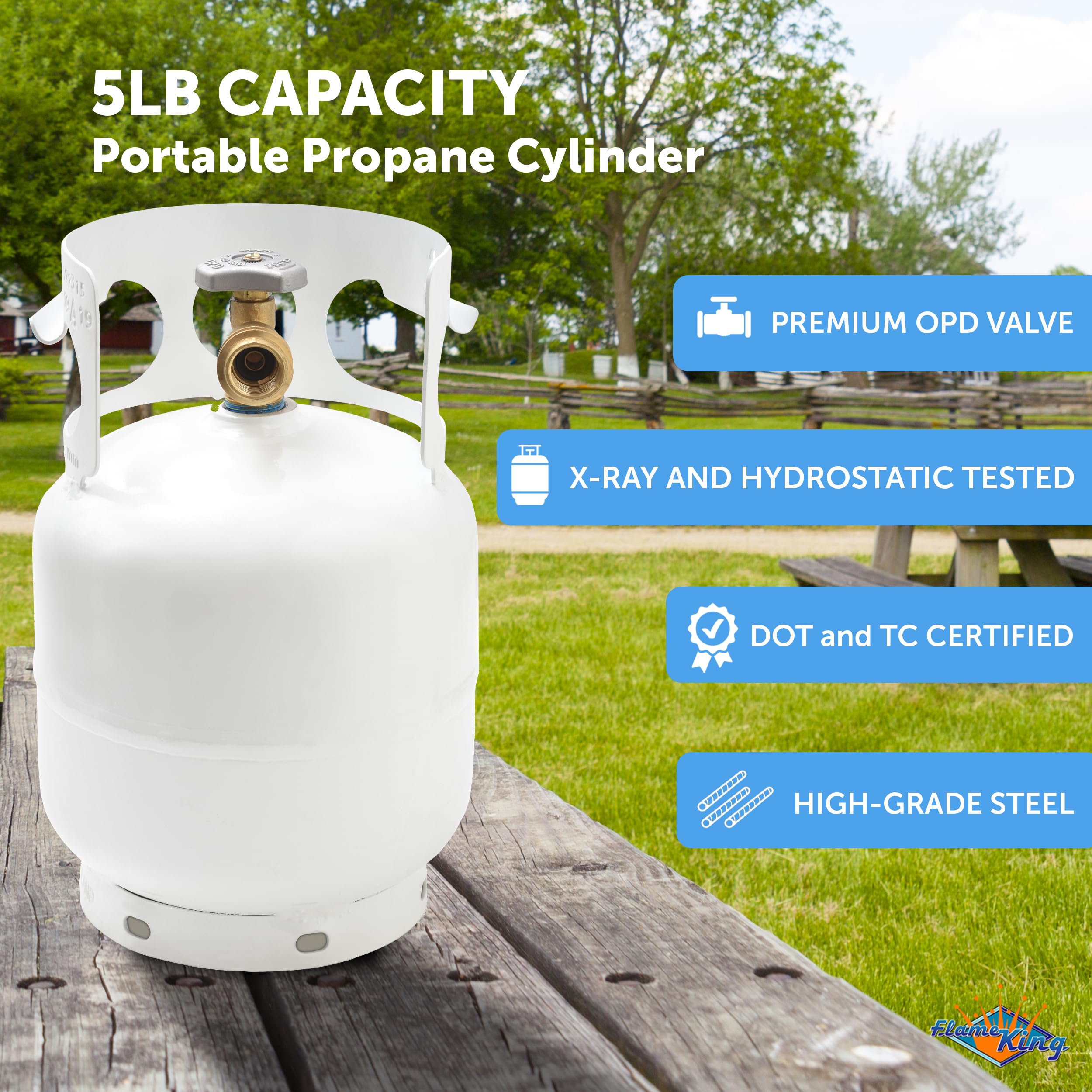 5 Pound FLAME KING YSN5LB Propane Tank Cylinder, Great For Portable Grills, Fire Pits, Heaters And Overlanding, White