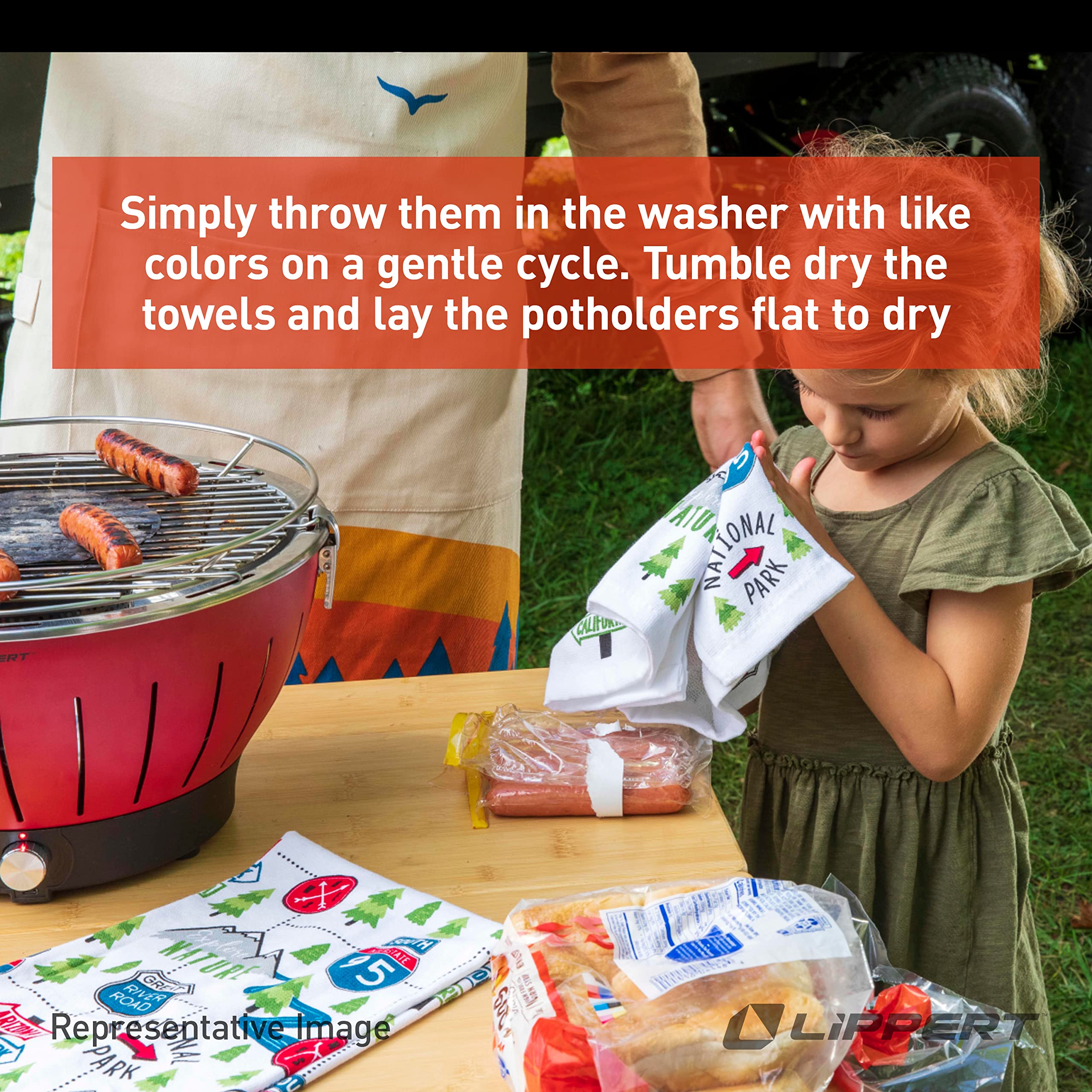 Lippert™ RV Kitchen Towel & Potholder Set, 6 Pieces, Unique Road Sign Design – Two Kitchen Towels, Two Dish Cloths and Two Potholders Rated up to 400°F – Machine Washable – 2022107828