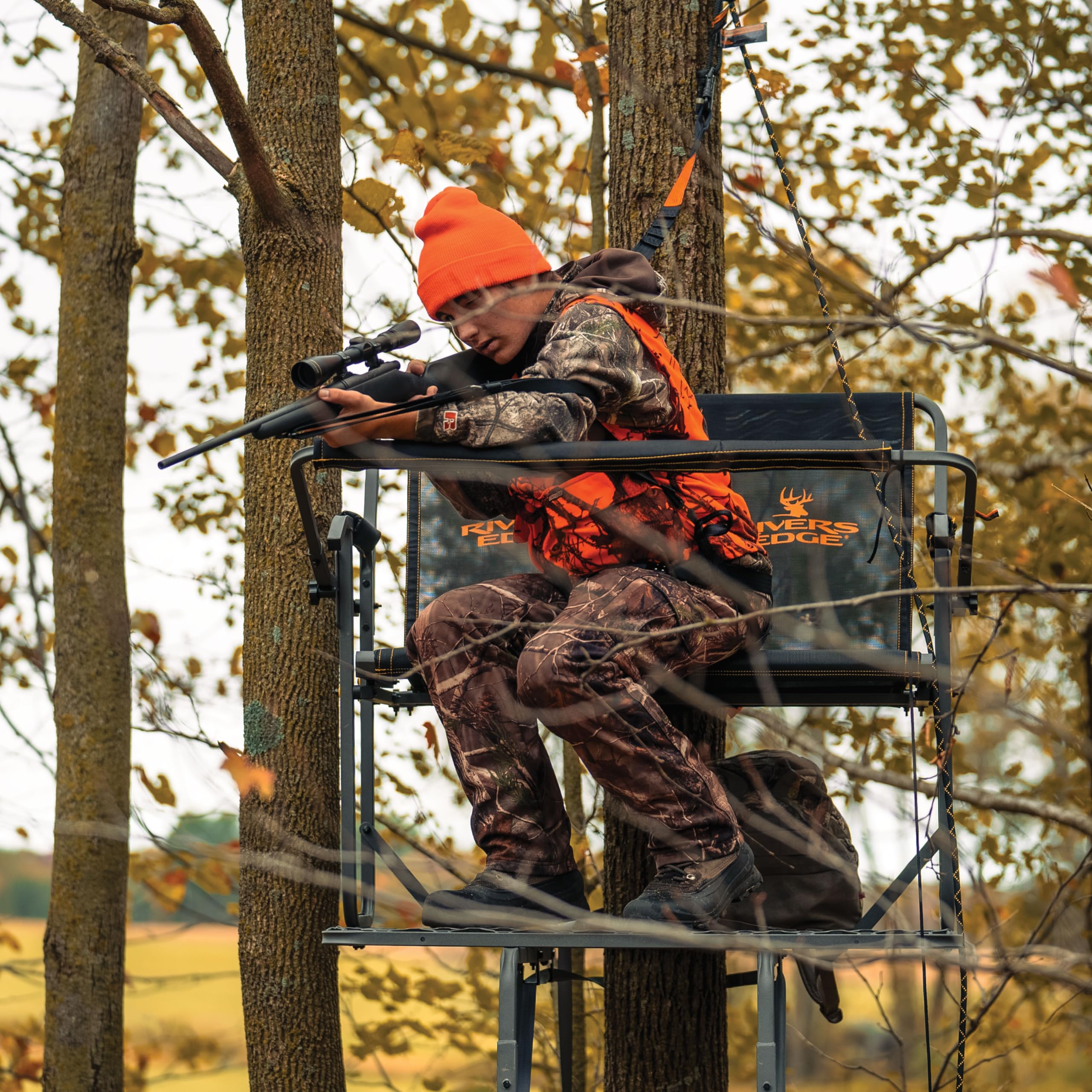 TwoPlex LS Rivers Edge 2-Man Ladder Stand, 17’1” Height, Lockdown Strapping System, Flip-Up TearTuff Mesh Bench Seat, 40” Wide Platform, 2-Way Adjustable Shooting Rail, RE669