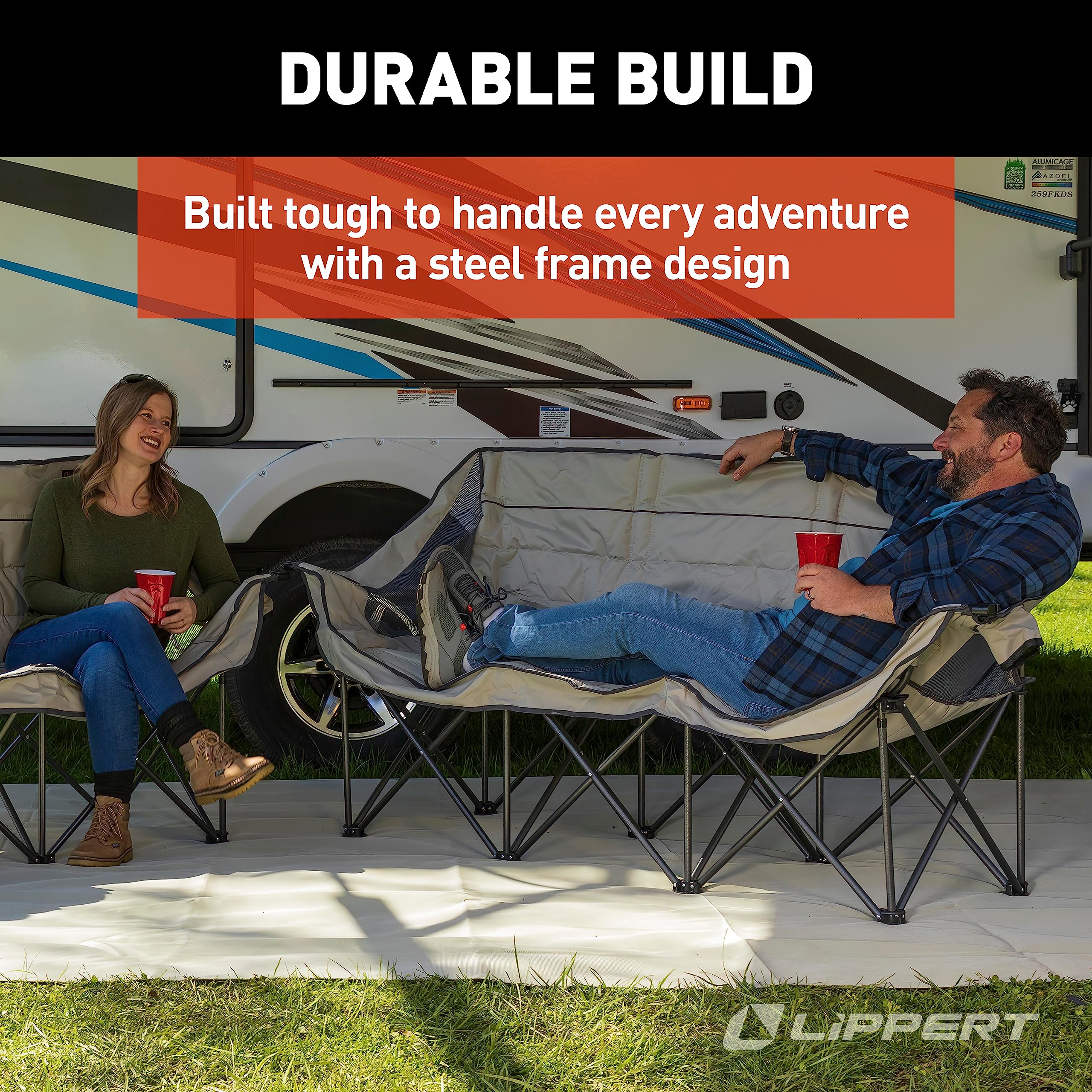 Lippert Folding Campfire Couch - Sand, High-Loft, Foldable Sofa, Dual Cup Holders, Power Coated Steel Frame, Durable 600D Polyester Fabric for Outdoor Use, 500 lb. Capacity, 2022114795