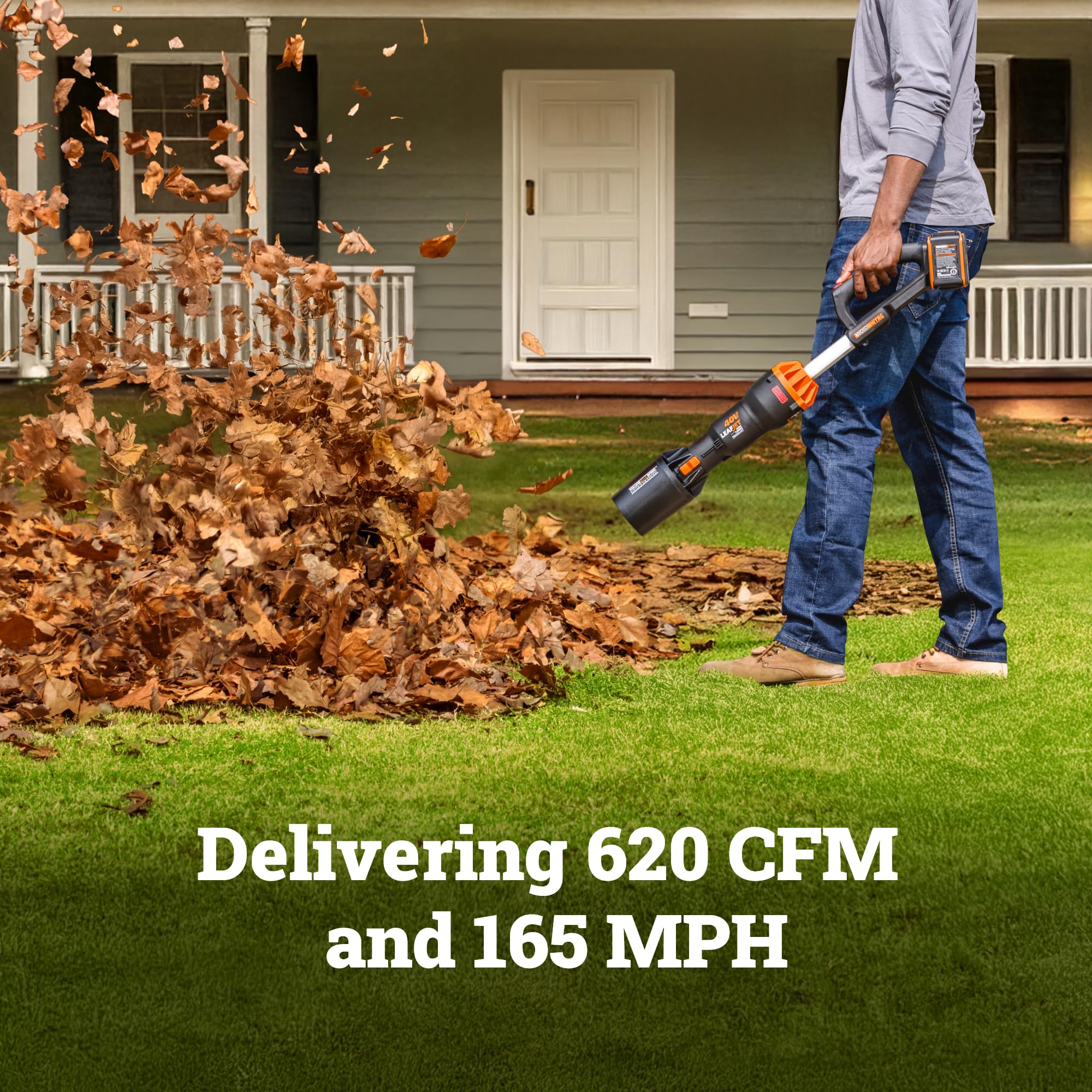 WORX Cordless Nitro Leaf Blower, Electric Blower with 620 CFM & 165 MPH, Blowers for Lawn Care with Brushless Motor & 3 Speed Control, 2 × 4.0 Ah Batteries & Charger Included, WG585