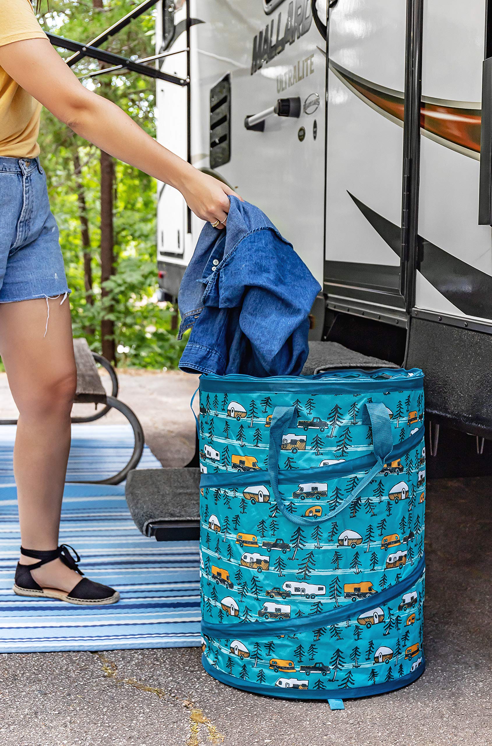 Camco Pop-Up Utility Container Life is Better at The Campsite - 18 x 24-inch - A Compact Size for Multi-Purpose Use - Sketched RVs and Trees Pattern (42987)
