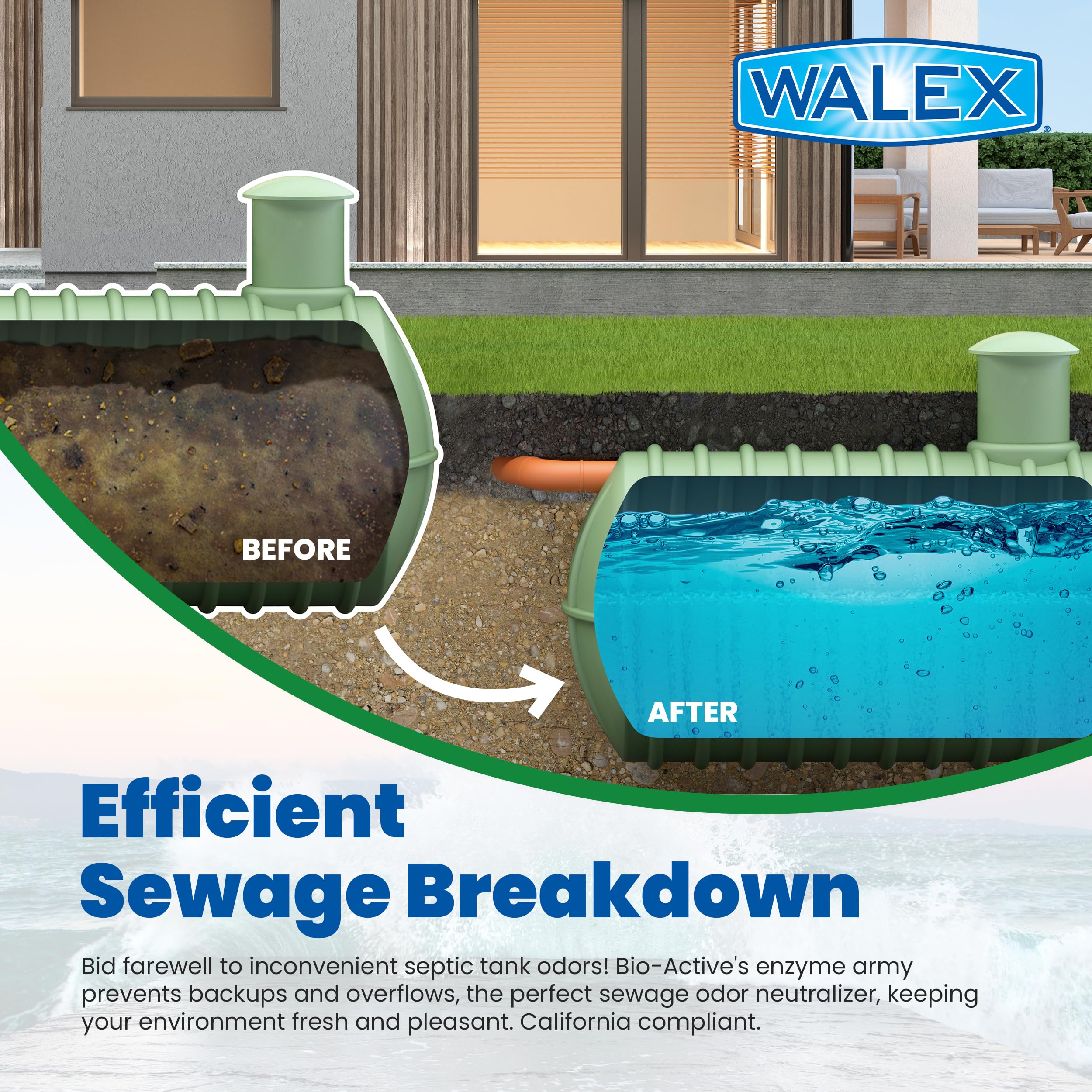 Bio-Active Walex Home Septic Tank Treatment - Strong Digestive Power with Beneficial Bacteria & Enzymes for Liquefying Solids & Breaking Down Waste, Odor Neutralizer -1 Year Supply, 12 Packets