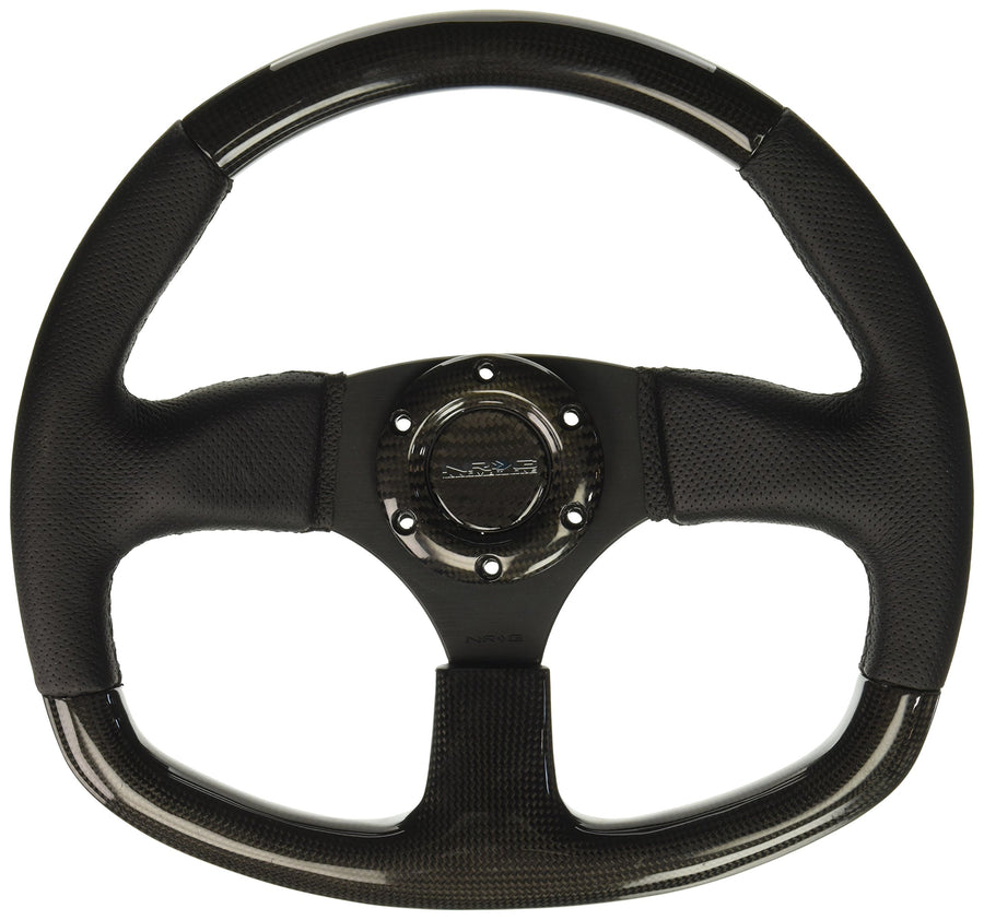 NRG Innovations Carbon Fiber NRG-ST-009CFBS Steering Wheel 320mm, Flat Bottom with Black Stitching, Leather Trim