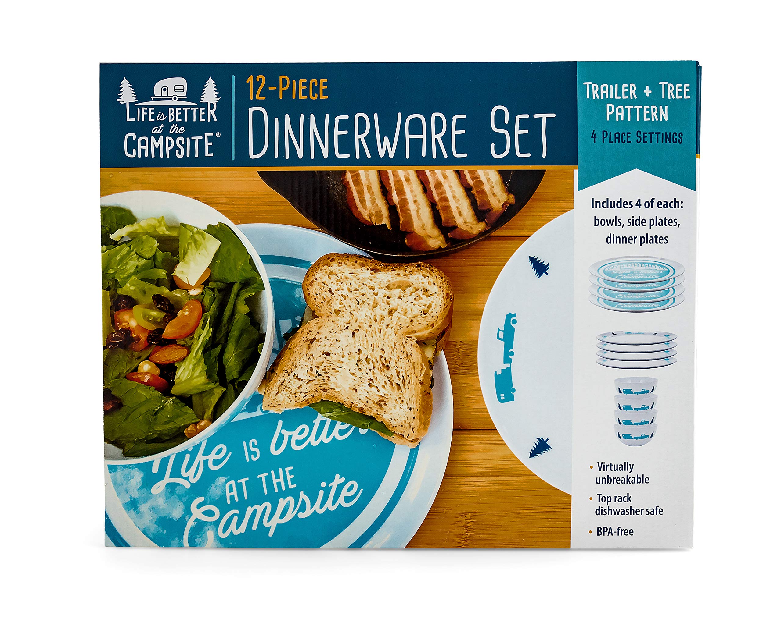 Camco Dishware Set Life is Better at The Campsite | Includes (4) Large Dinner Plates, (4) Small Salad Plates and (4) Bowls | Top Rack Dishwasher Safe | Blue Tree and Truck Design (53294)