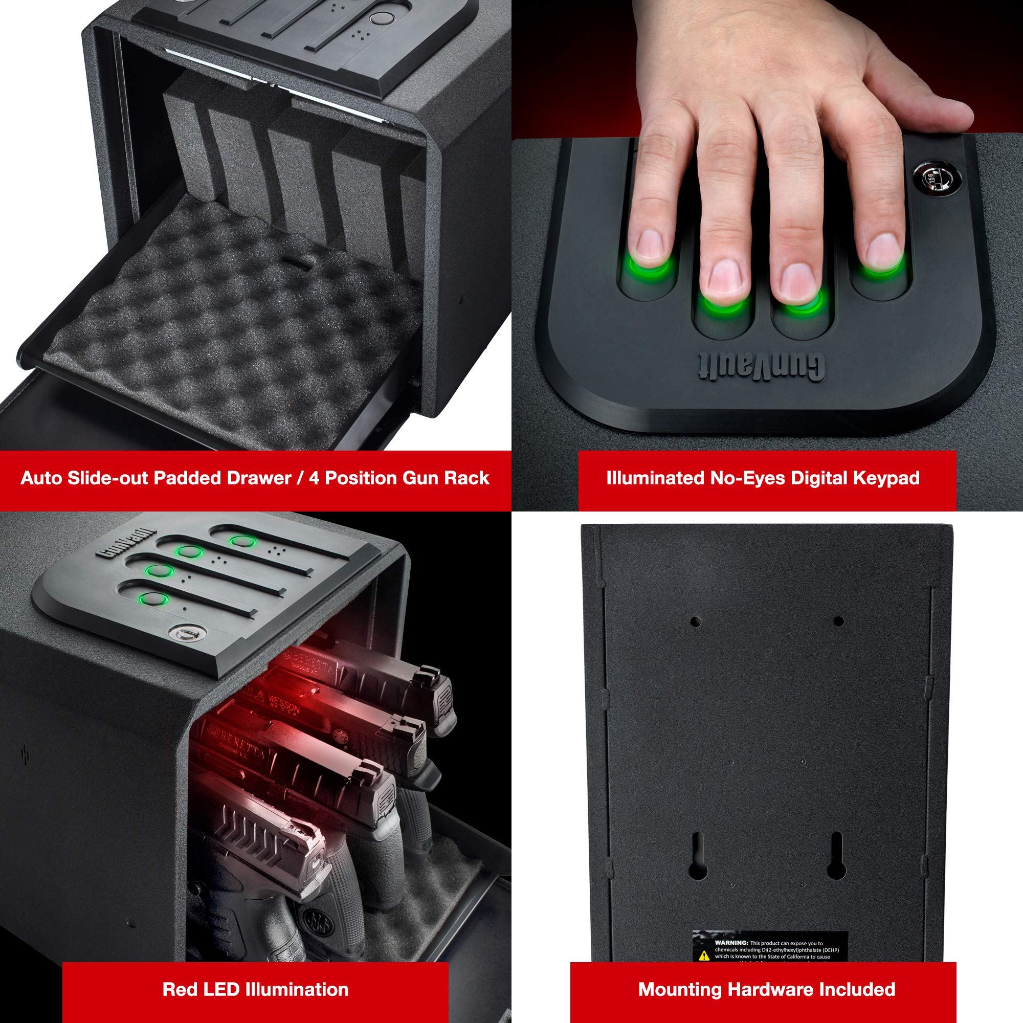 MultiVault GunVault - Quick Access Automatic Slide-Out Handgun Safe with Patented No-Eyes® Keypad (4 Pistol Capacity)