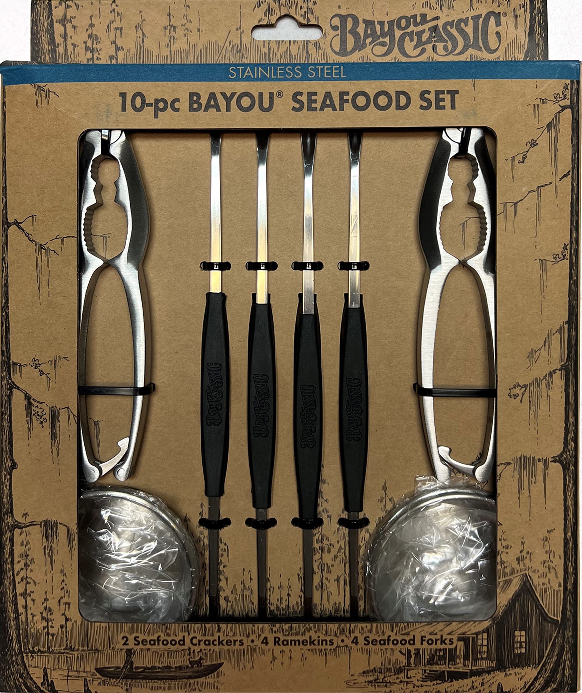 Bayou Classic Seafood Set 10-pc Features 4-ea Seafood Crackers 4-ea Seafood Forks Ramekins Perfect to Use When Hosting a Seafood Boil and Dining Alfresco