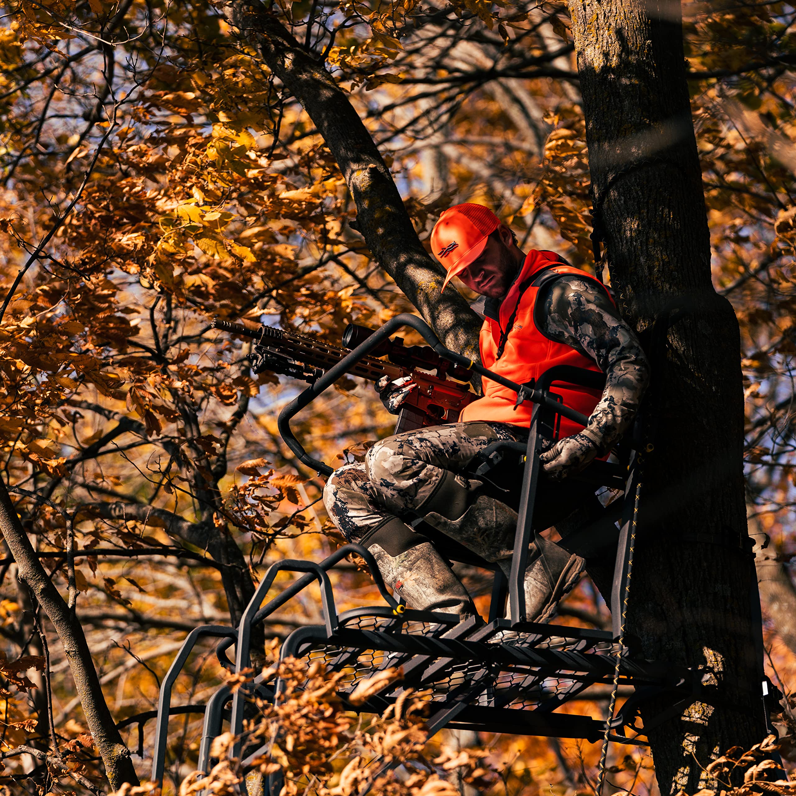 Lockdown™ Rivers Edge® Wide, 17' Height, Wide Flip-Up TearTuff™ Mesh Seat, The Ultimate Shooting Rail™, Patent-Pending Ground-Level Ratcheting Technology™, LD201