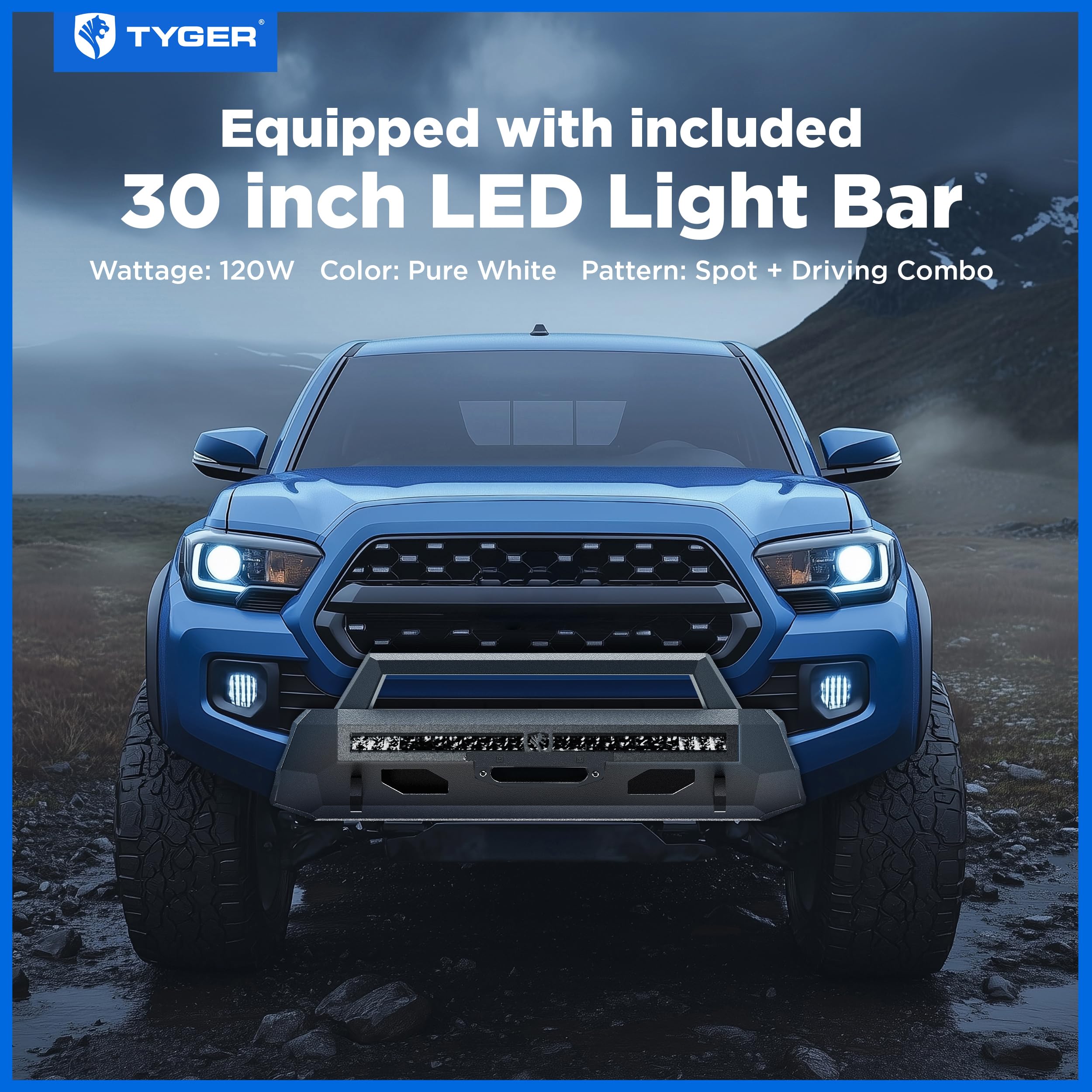 Fury Tyger Auto Center Bumper Guard + Light Bar Compatible with 2016-2023 Toyota Tacoma | Winch Plate | D-Ring | Textured Black | Rock Crawler | TG-BP7T32577
