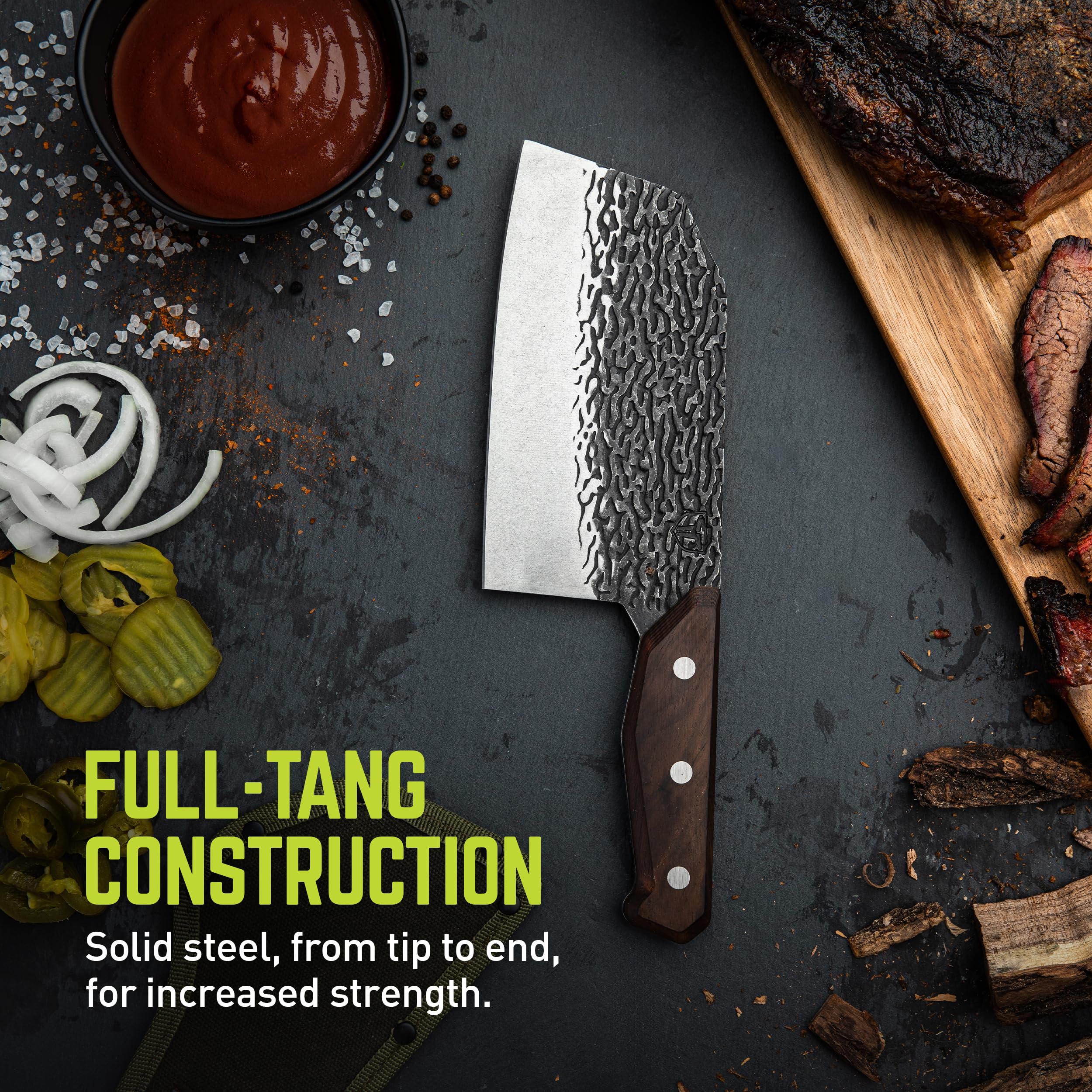PrimalForge TRUE Chopper Knife | Easy Chopping, Home & Professional Use, Sharp 5Cr15MoV Stainless Steel Blade, Wood Handle, Hand Forged Appearance, Hand Wash Only