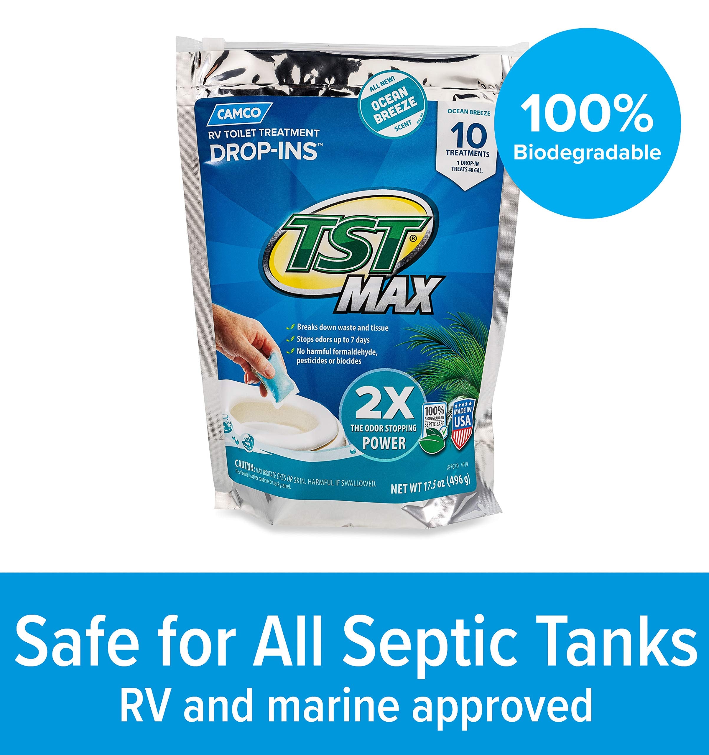 Camco TST MAX Drop-INs RV Toilet Treatment - Control Unwanted Odors and Break Down Waste and Tissue - Septic Tank Safe - Ocean Breeze Scent - 10-pack (41613)