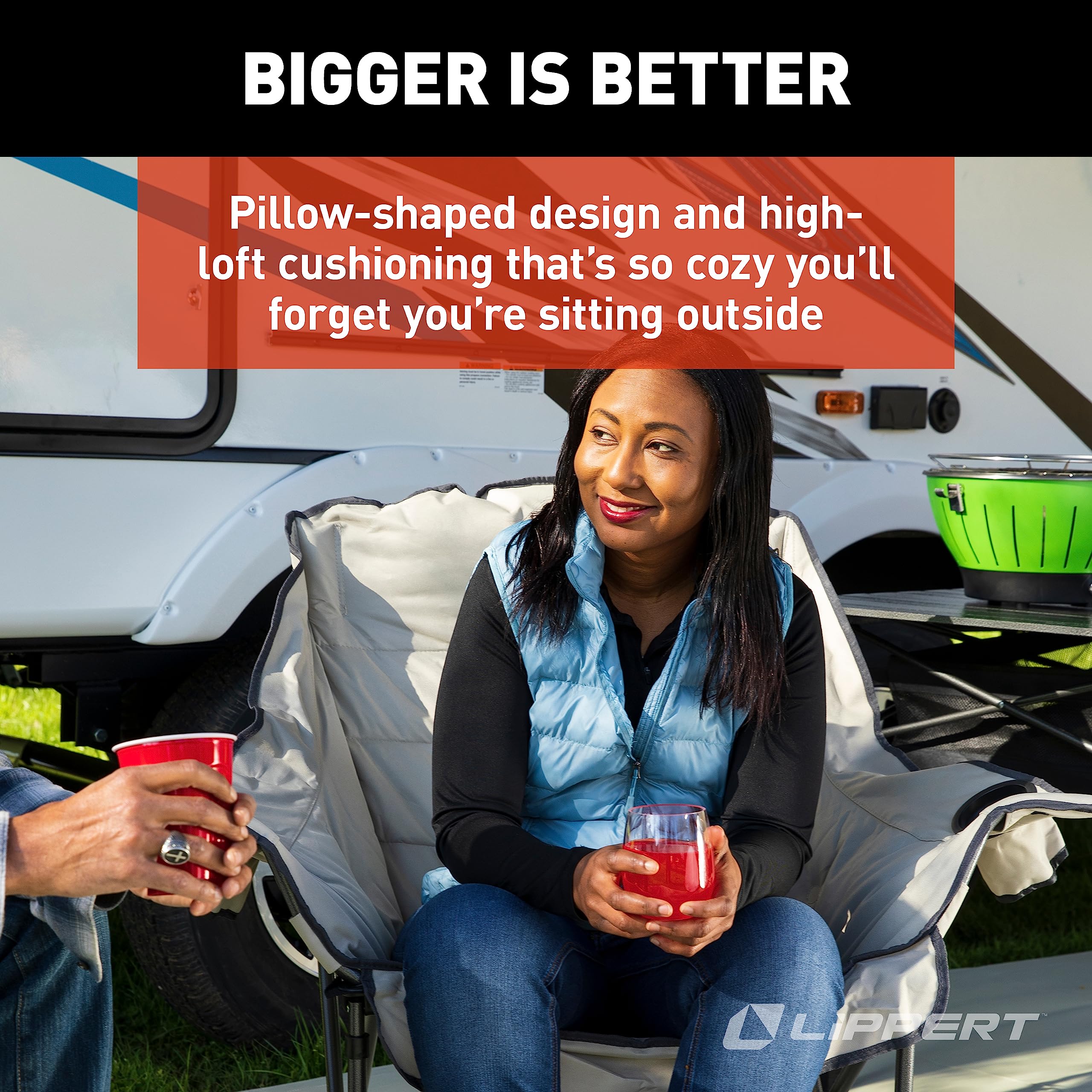 Lippert Big Bear Camping Chair Club - Sand, Comfortable Foldable Chair, Oversized Pillow Cushions, Dual Cupholders, Powder Coated Steel, 600D Polyester Fabric, 400 lb. Capacity, 2022114813