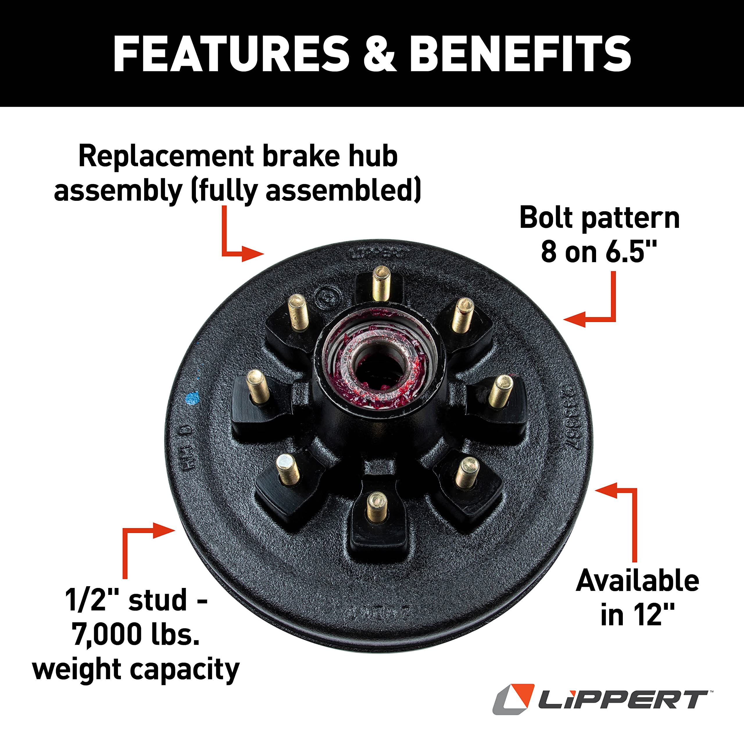 12" Lippert Replacement Brake Drum Hub Assembly for RVs with 7,000-lb. Axle; 8 on 6.5" Bolt Pattern, 1/2" Studs; Fully Assembled with Bearing Cones, Seals, Grease, Limited 1-Year Warranty - 814203