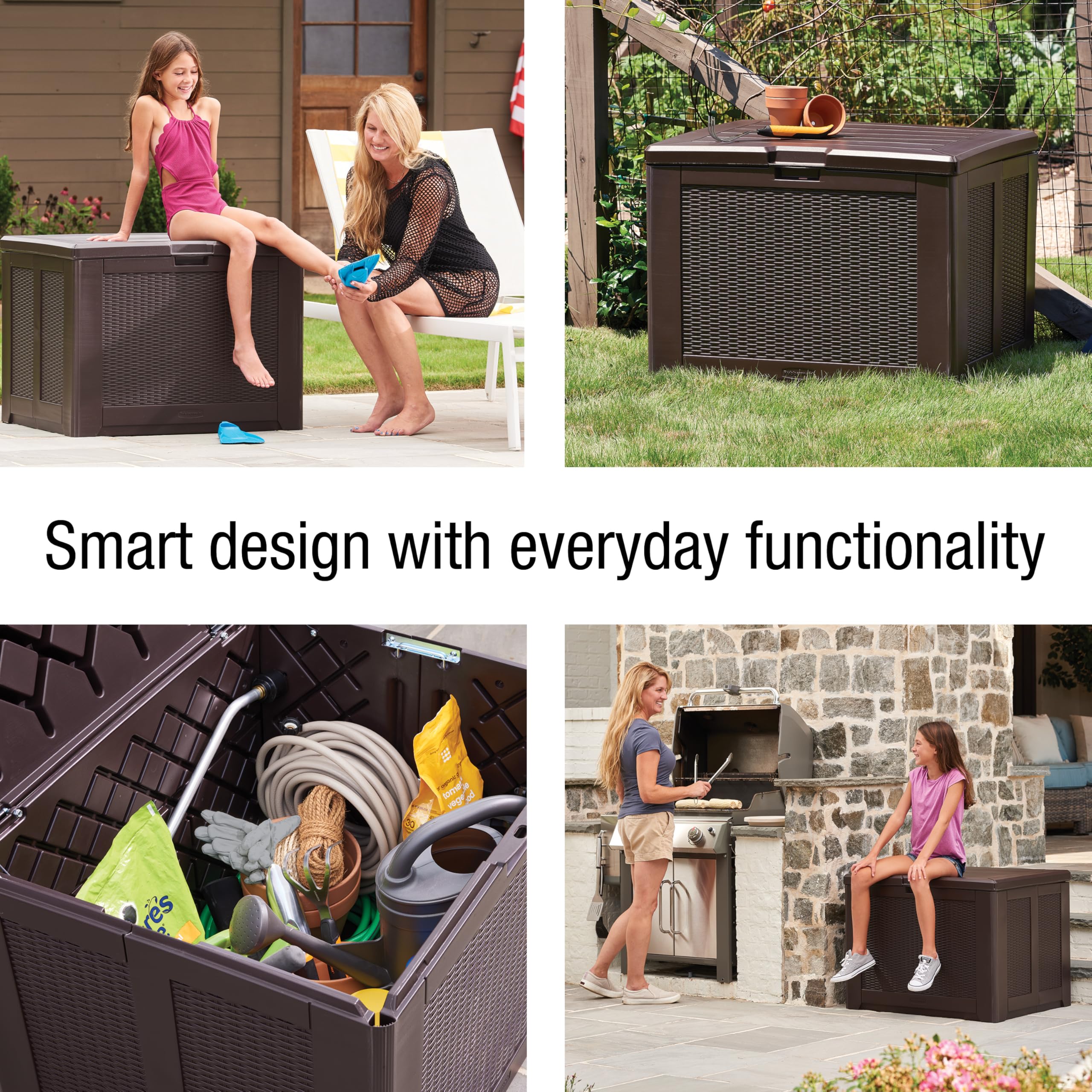 Medium Rubbermaid Resin Outdoor Storage Deck Box (74 Gal) Weather Resistant Brown Deck Organization for Home/Backyard/Pool Chemicals/Toys/Garden Tools/Porch/Patio Cushions