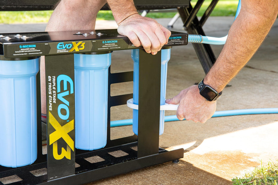 Camco Evo X3 Premium Triple Stage Camper/RV Water Filter Kit | Features 3 Replaceable Cartridges to Remove Sediments, Chlorine, Bad Tastes, Odors, Viruses, Bacteria, Contaminates, and More (40649)