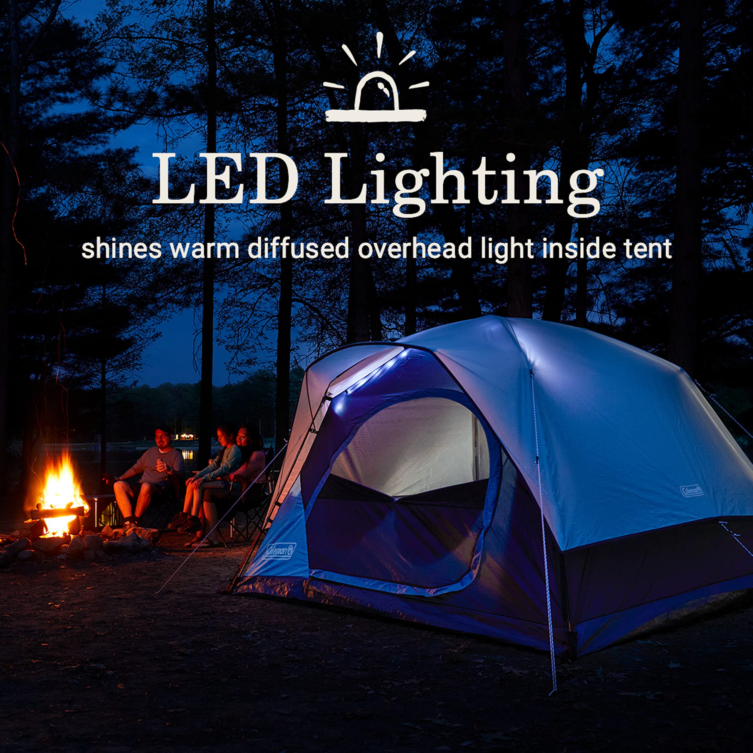 Coleman Camping Tent Skydome with LED Lights, Weatherproof 4/8 Person Family Tent Includes Pre-Attached Poles, Rainfly, Carry Bag, Ventilation and LED Lighting System, Sets Up in 5 Minutes
