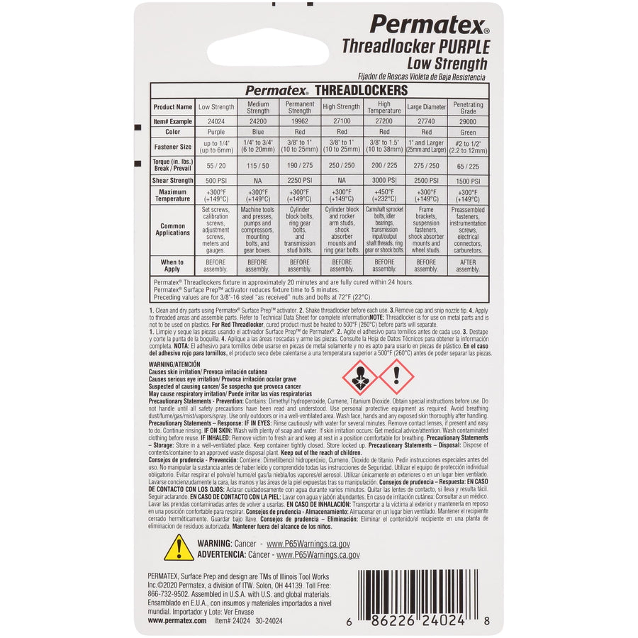 Low Strength Permatex Threadlocker Purple, 6 ml Tube