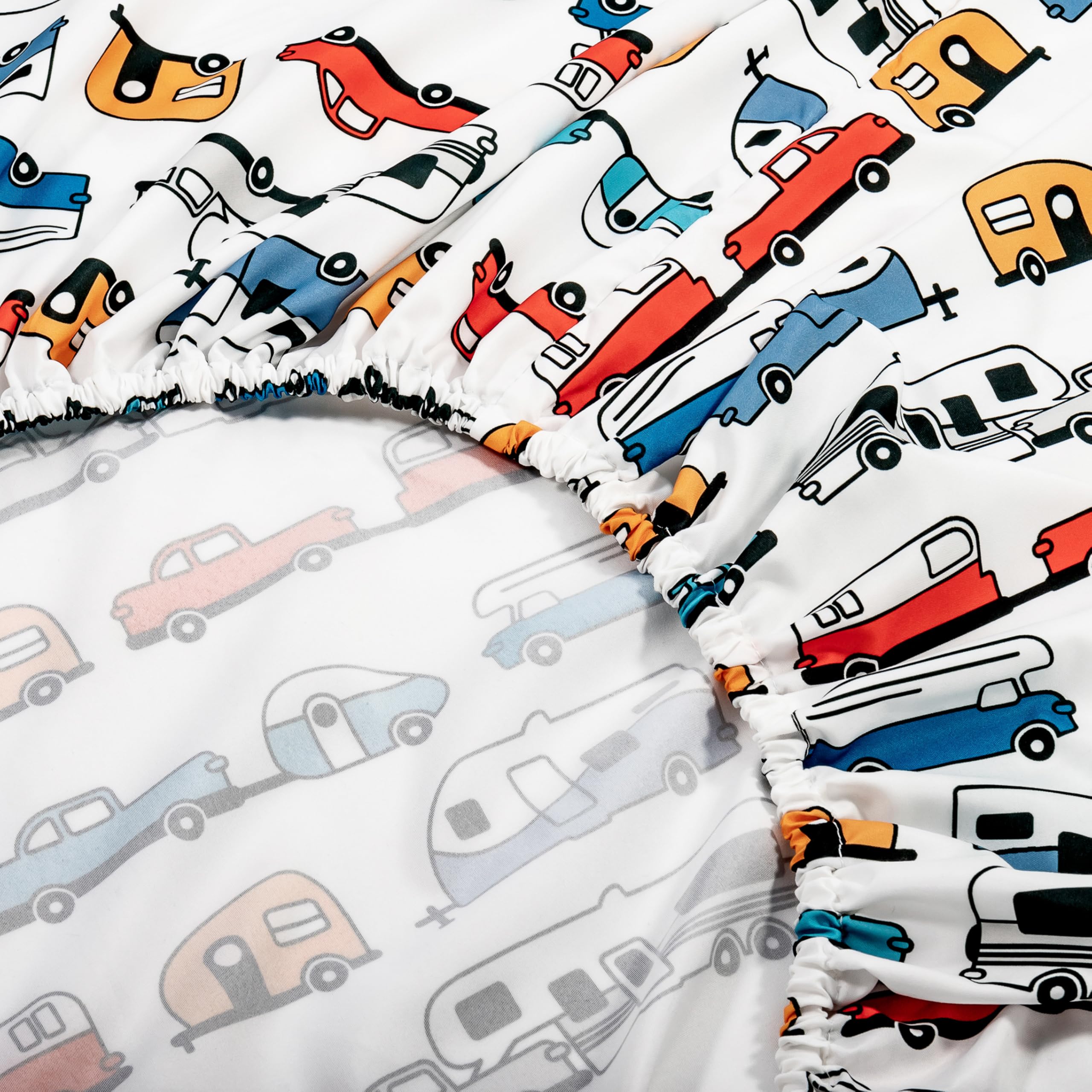 Camco Queen Sheet Set & RV Camper - Features Travel Trailer Print Design - Crafted of Soft Machine Washable Polyester - 4 Piece Set Includes Fitted Sheet, Flat Sheet, & 2 Pillowcases (53299)
