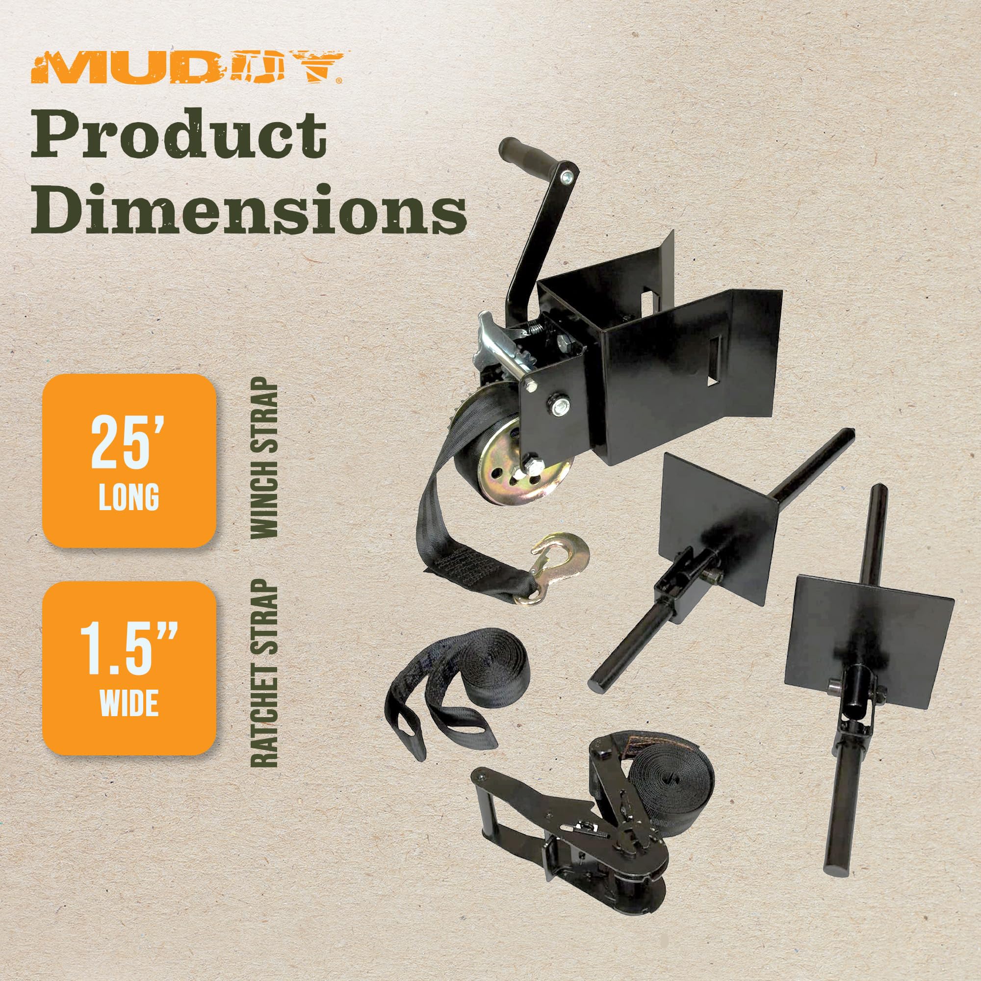 Muddy Ladderstand Hunting Tree Stand Installation Hoist Kit with 25 Foot Heavy Duty Winch Strap, Solid Steel Winch, and Pully System