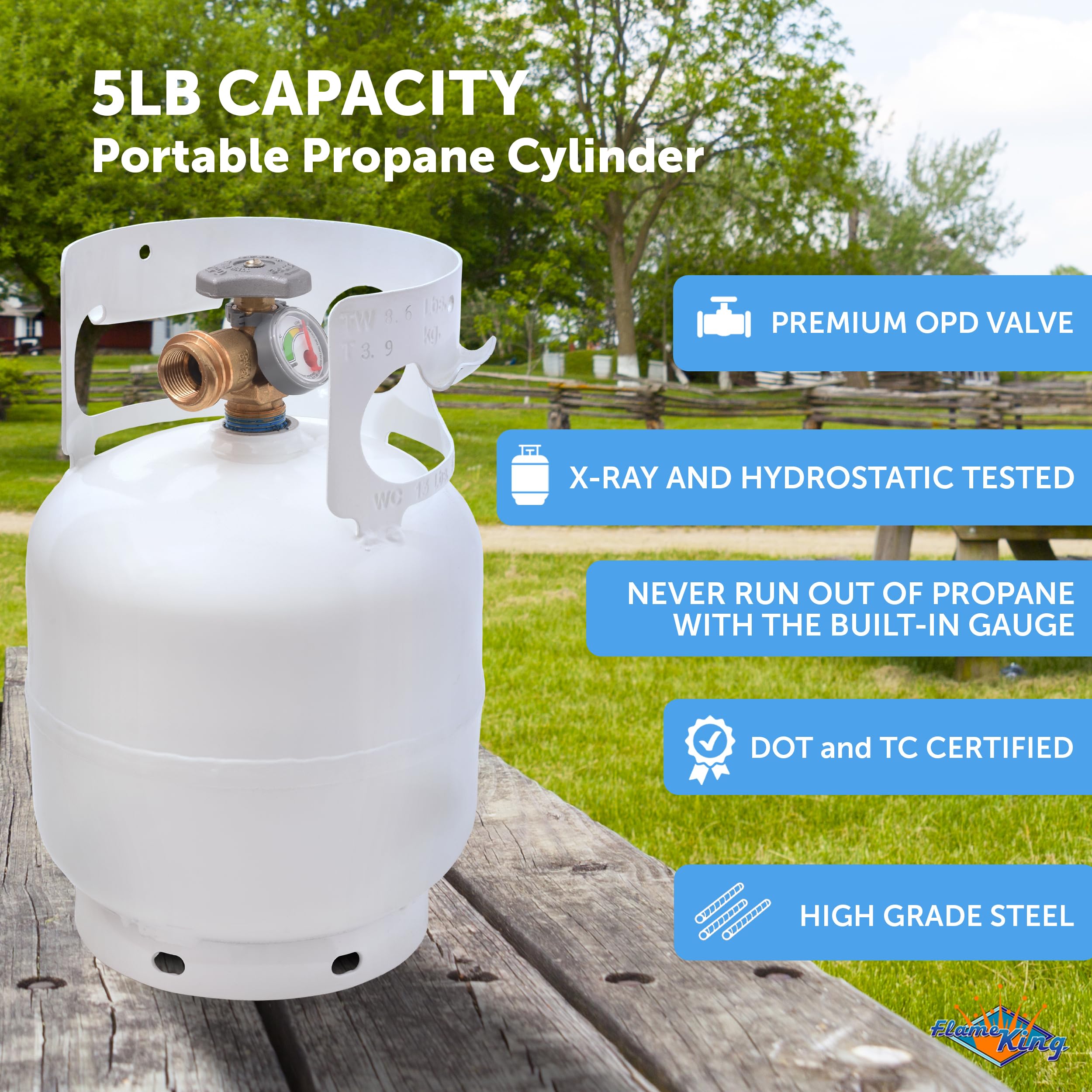 Flame King 5lb YSN5LB-GAUGE Steel Propane Tank Cylinder with Gauge and OPD Valves for Grills and BBQs, Camping, Fishing, & Outdoor Activities, White