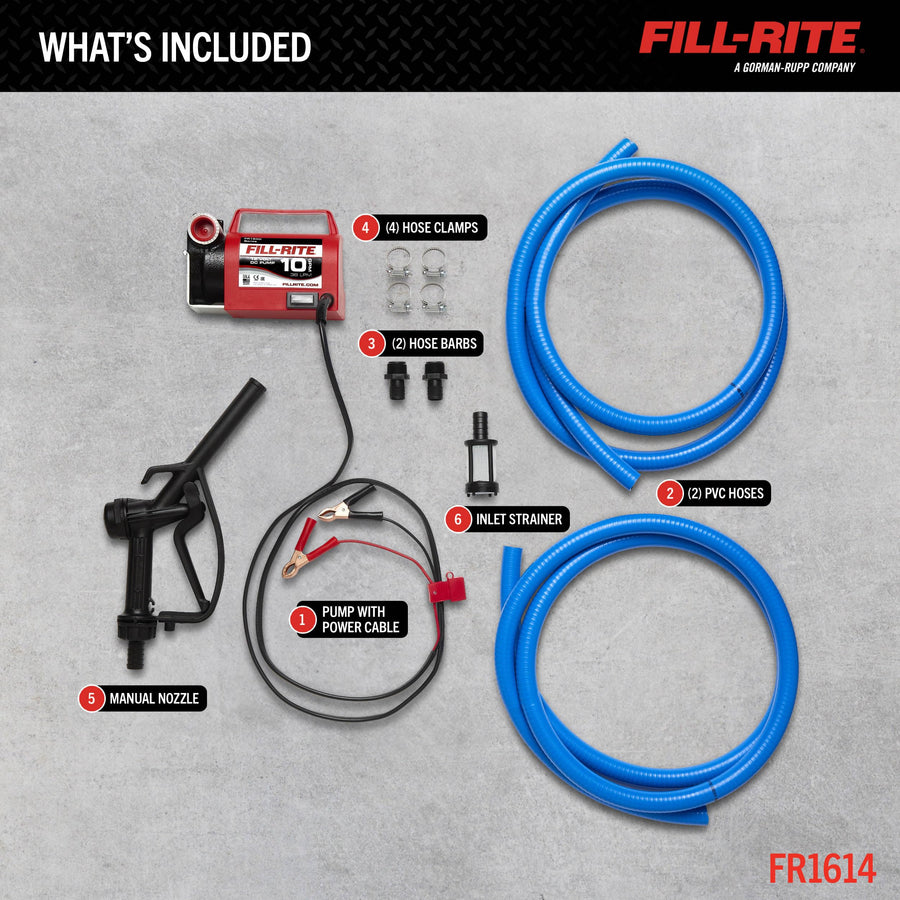 12V Fill-Rite FR1614 10 GPM Portable Fuel Transfer Pump for Diesel and Antifreeze with Suction and Discharge Hoses