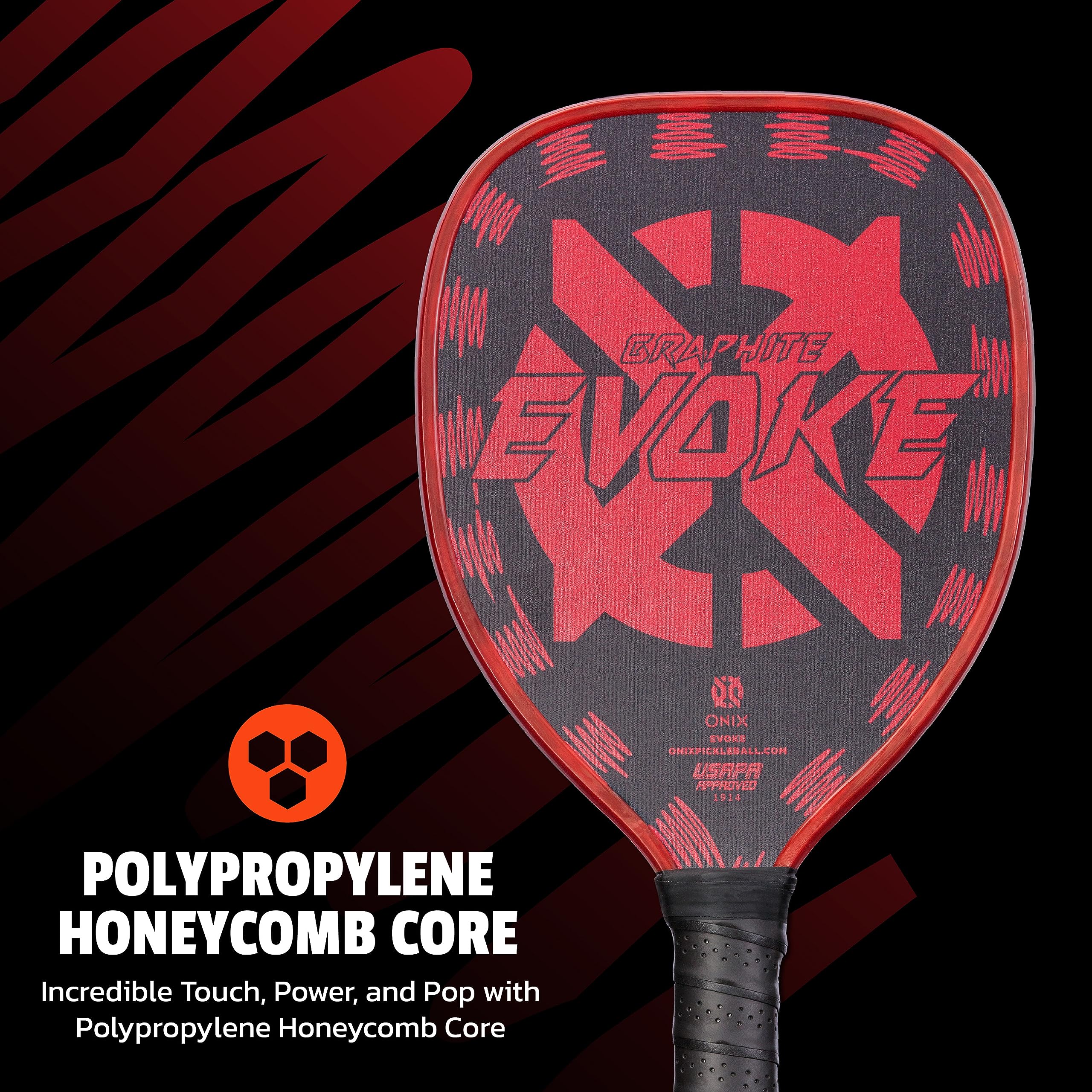 Graphite Onix Evoke Tear Drop Pickleball Paddle Features Tear Drop Shape, Polypropylene Core, and Graphite Face, Red