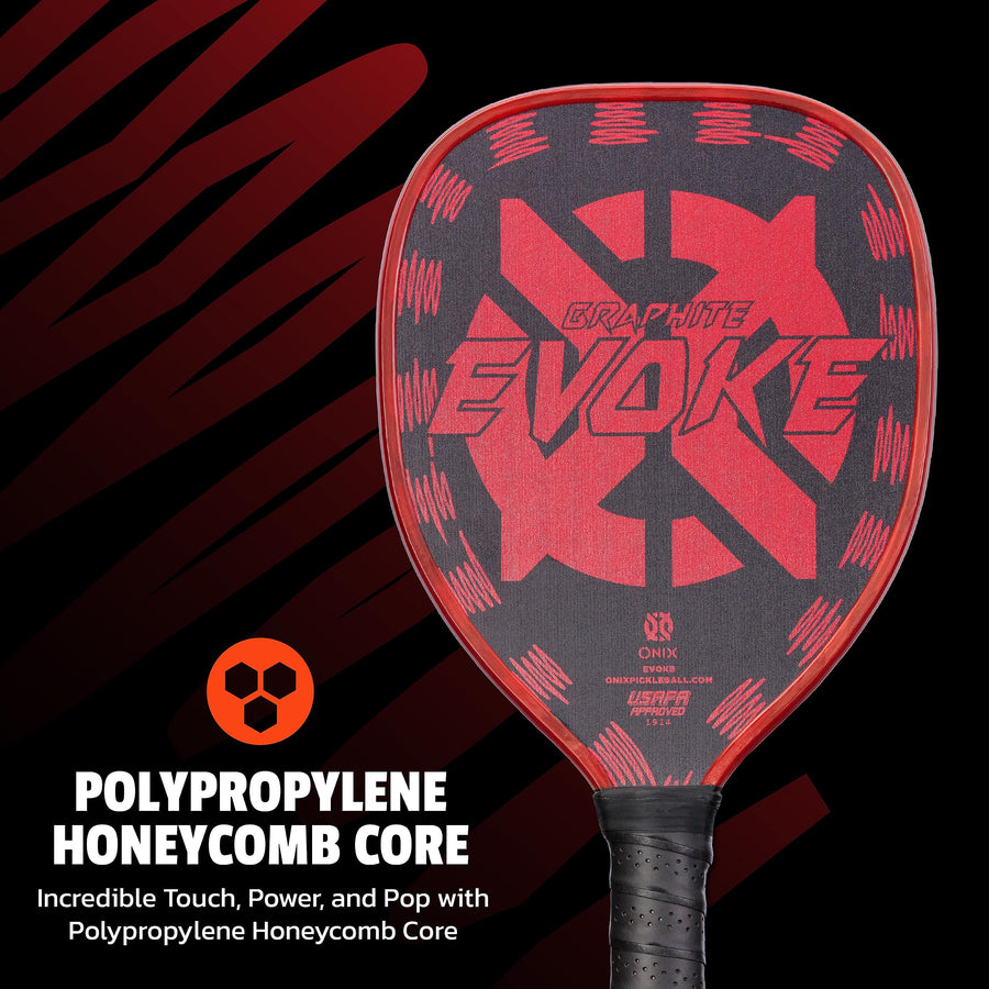 Graphite Onix Evoke Tear Drop Pickleball Paddle Features Tear Drop Shape, Polypropylene Core, and Graphite Face, Red