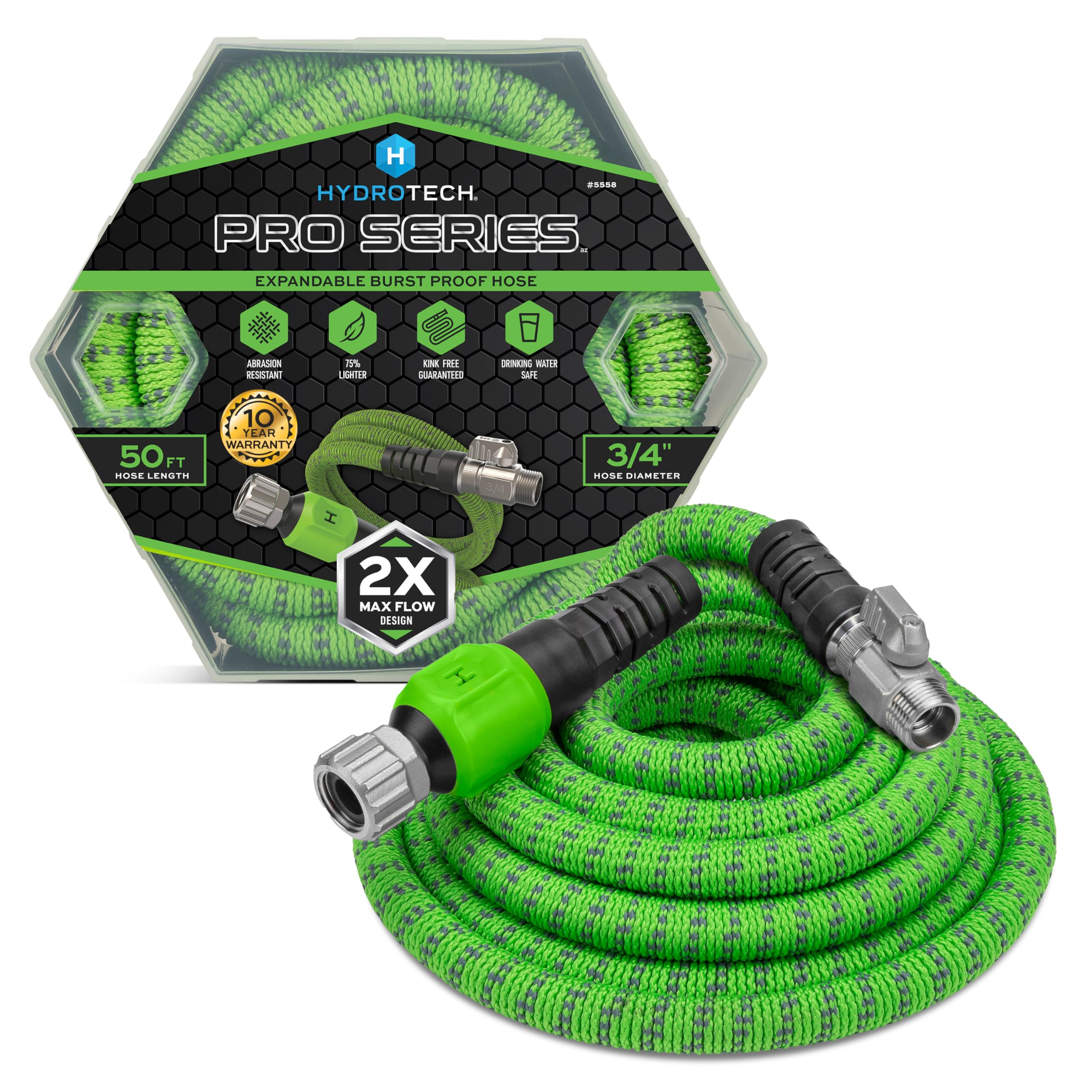 50 ft HydroTech Expandable Garden Hose - Pro Series, 2x Max Flow, 3/4" No-Kink Flexibility, Lightweight Hose for Lawn, Garden, Car Washing, Deck and Patio Cleaning