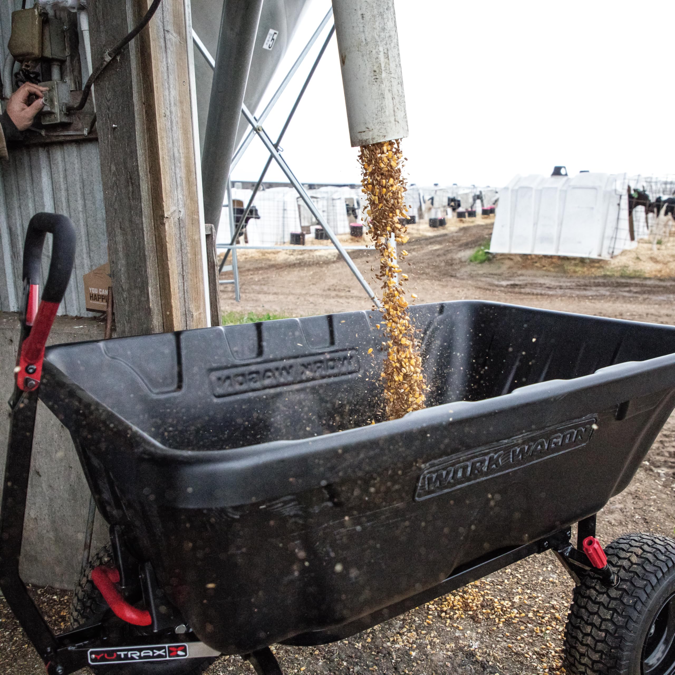 Work Wagon® YUTRAX® 16 cu. ft. Towable Poly Cart, 1800 Pound Capacity, Easy Dump Feature, Hybrid Handle, Simple to Assemble Steel Frame, 16" Extra-Wide Tires, WW16P