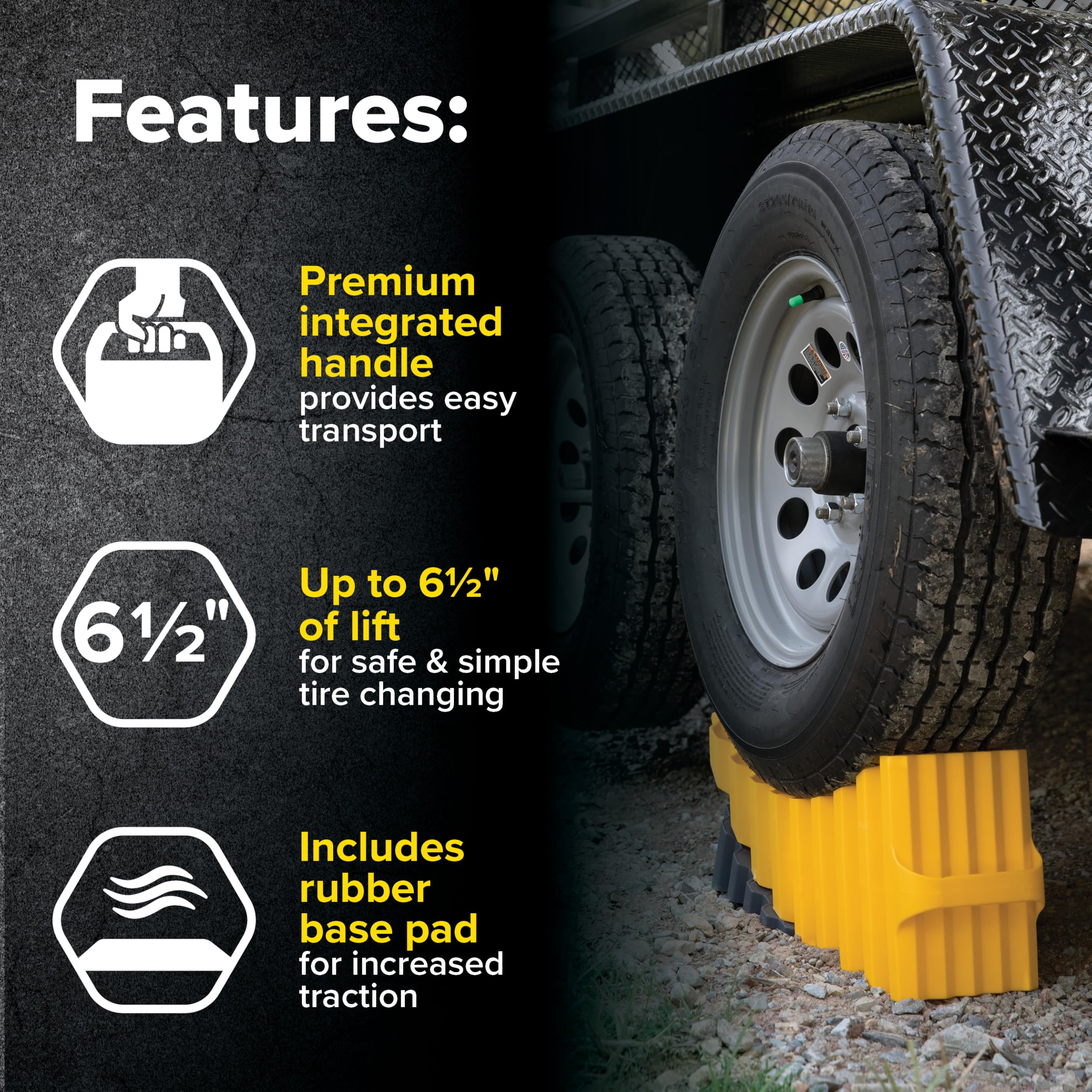 Camco Curved Camper/RV Trailer Aid - Features 6.5" of Lift & Includes Wheel Chock and Rubber Base Pad - Designed for Trailers Up to 20,000lbs & Compatible w/ Tires Up to 32" (44436)