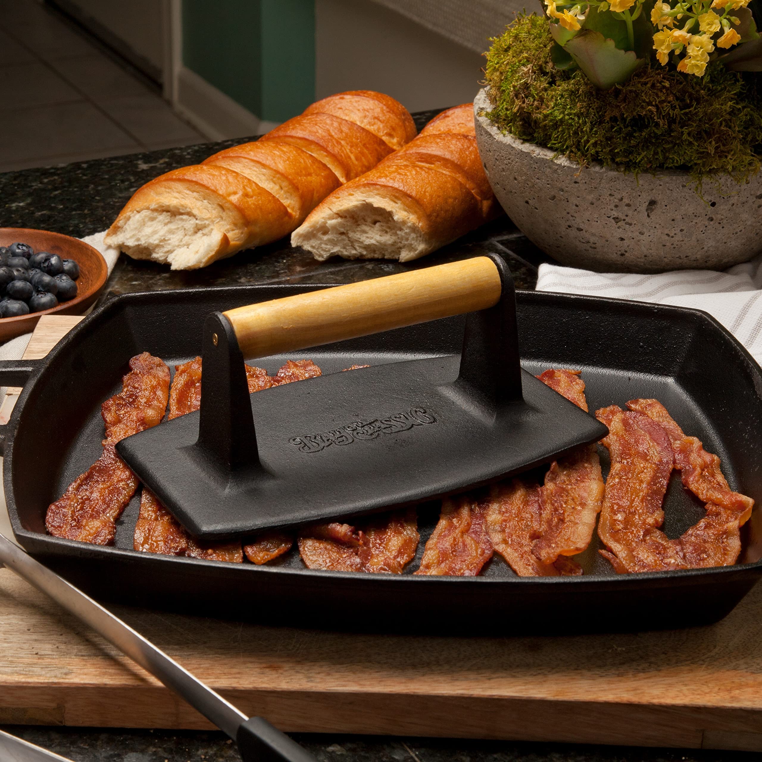 Bacon Press Bayou Classic 7499 Flattens for Cooking Perfection Ideal Bacon Hamburgers Grilled Cheese Sandwiches and Quesadillas
