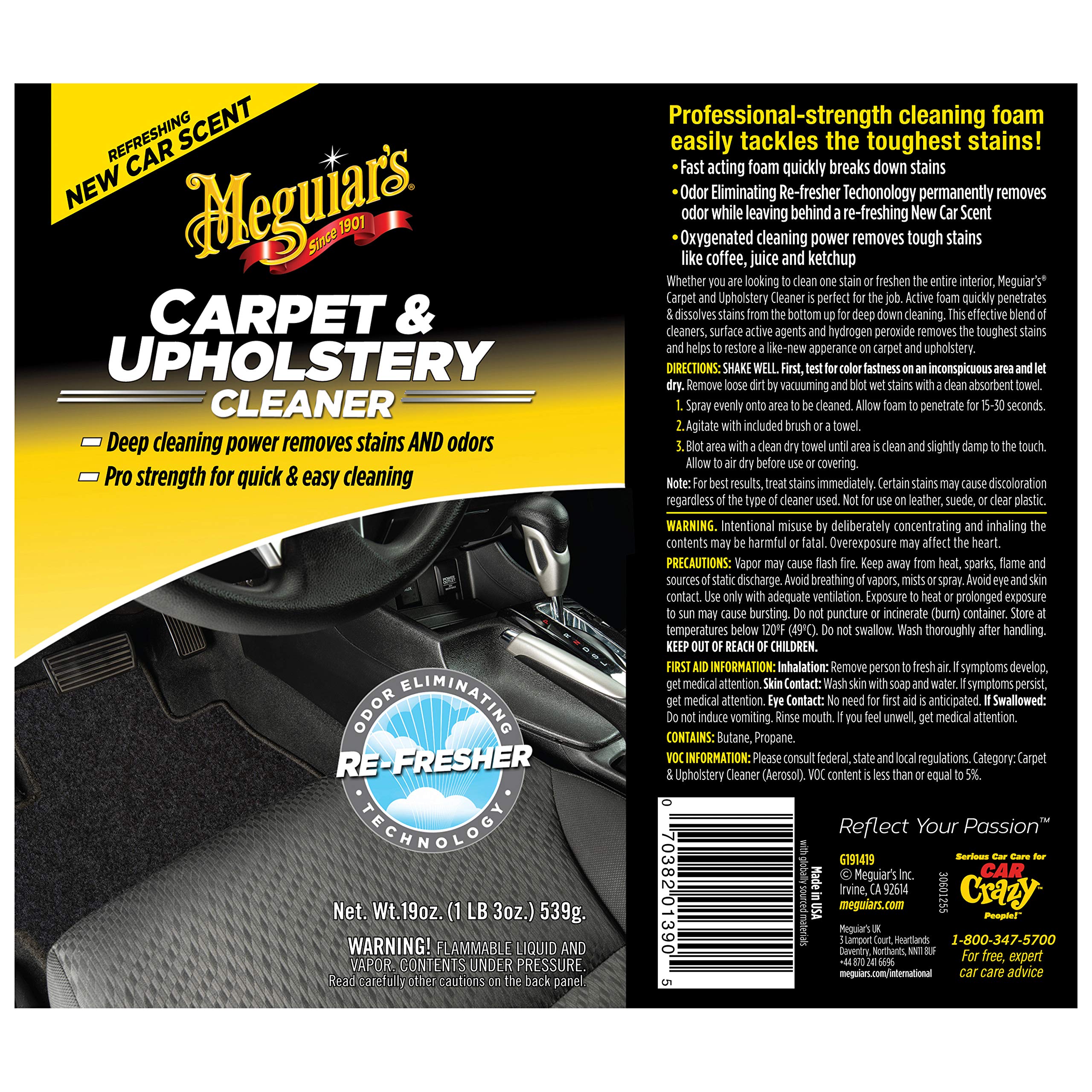 Meguiar's Pro-Strength Carpet & Upholstery Cleaner - Spray, Spot Cleaner for Carpet & Upholstery, Fights Odors, New Car Scent, 19 Oz Aerosol