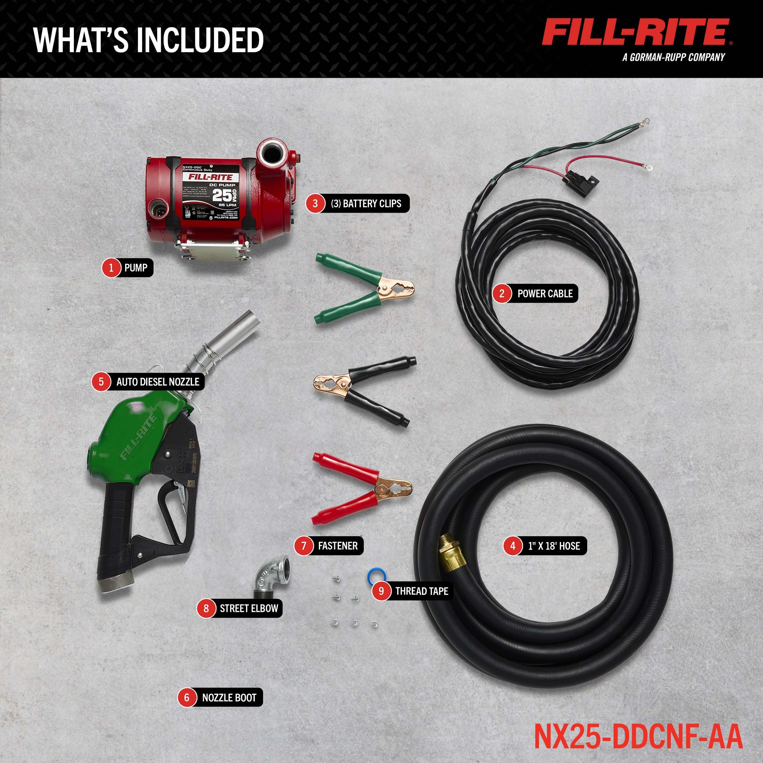 Fill-Rite Fuel Transfer Pump 12/24V DC 25 GPM with Nozzle - Foot Mounted - Energy-Efficient Fuel Transfer Pump for non stop Operation - Red - NX25-DDCNF-AA