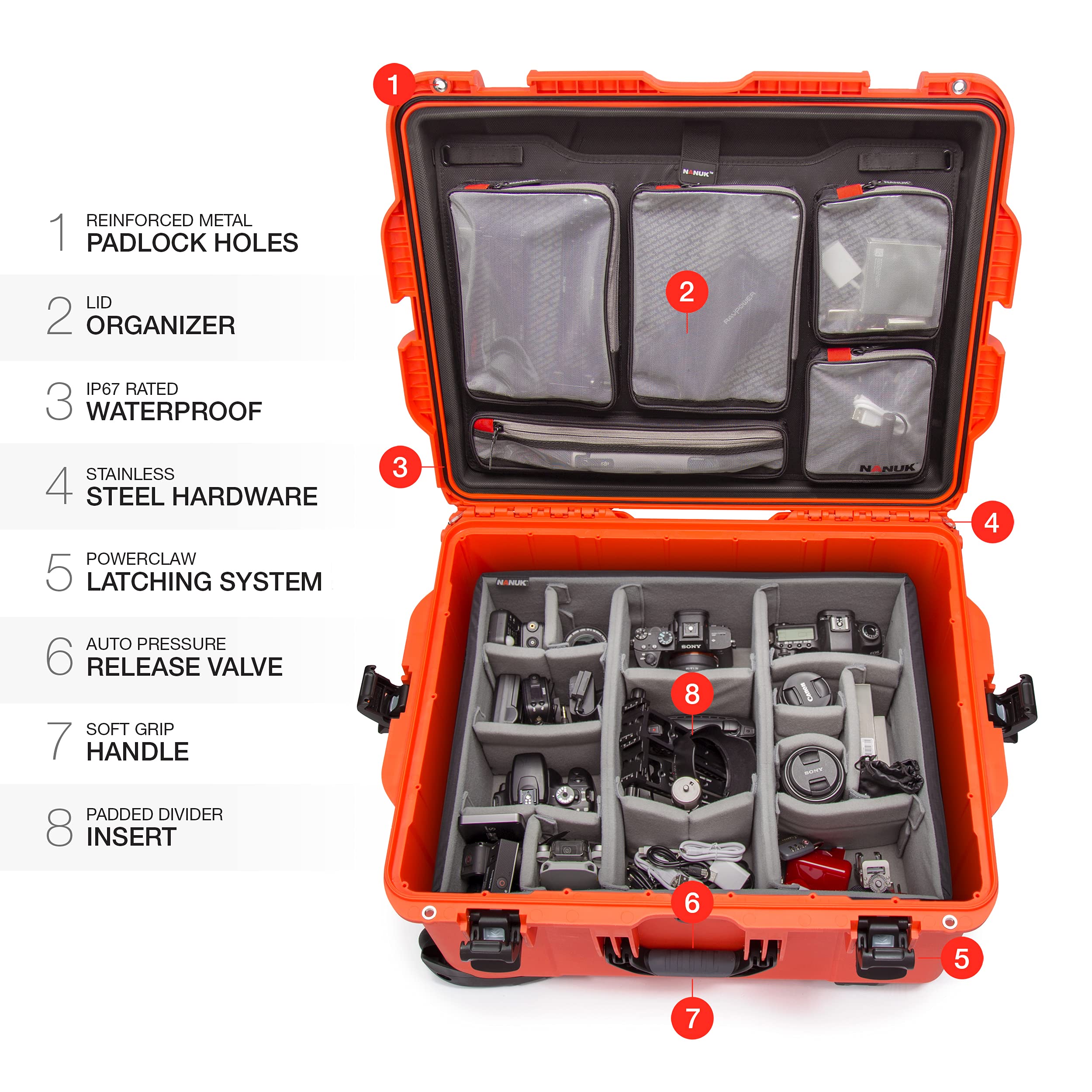 NANUK 960 Wheeled Series Lightweight NK-7 Resin Waterproof Hard Case with Padded Dividers and Lid Organizer, Orange