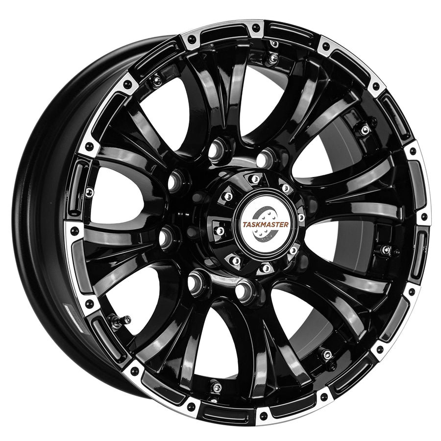 Viking Series TASKMASTER Machined Lip Gloss Black Aluminum HD Trailer Wheel with Chrome Cap - 16in x 6.5in 8 On 6.5-4450 LB Load Carrying Capacity - 0 Offset Trailer Use Only