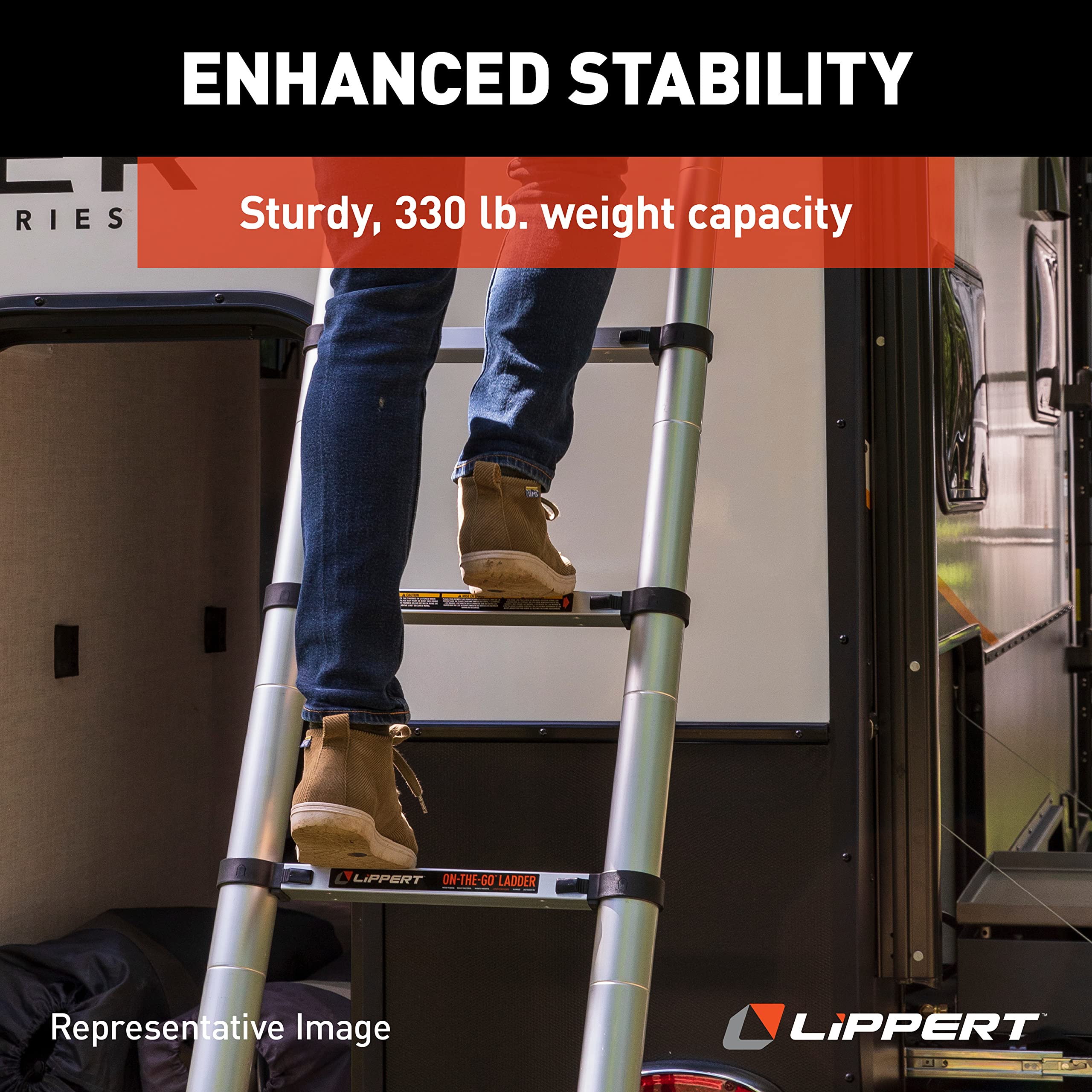 Lippert Portable On-The-Go Telescoping RV Ladder - 14.5' — Enhanced Stability and Safety - Retracts to 35.75" - Sturdy 330 lb. Capacity - Compatible with Lippert Ladder Receiver - 2021126697